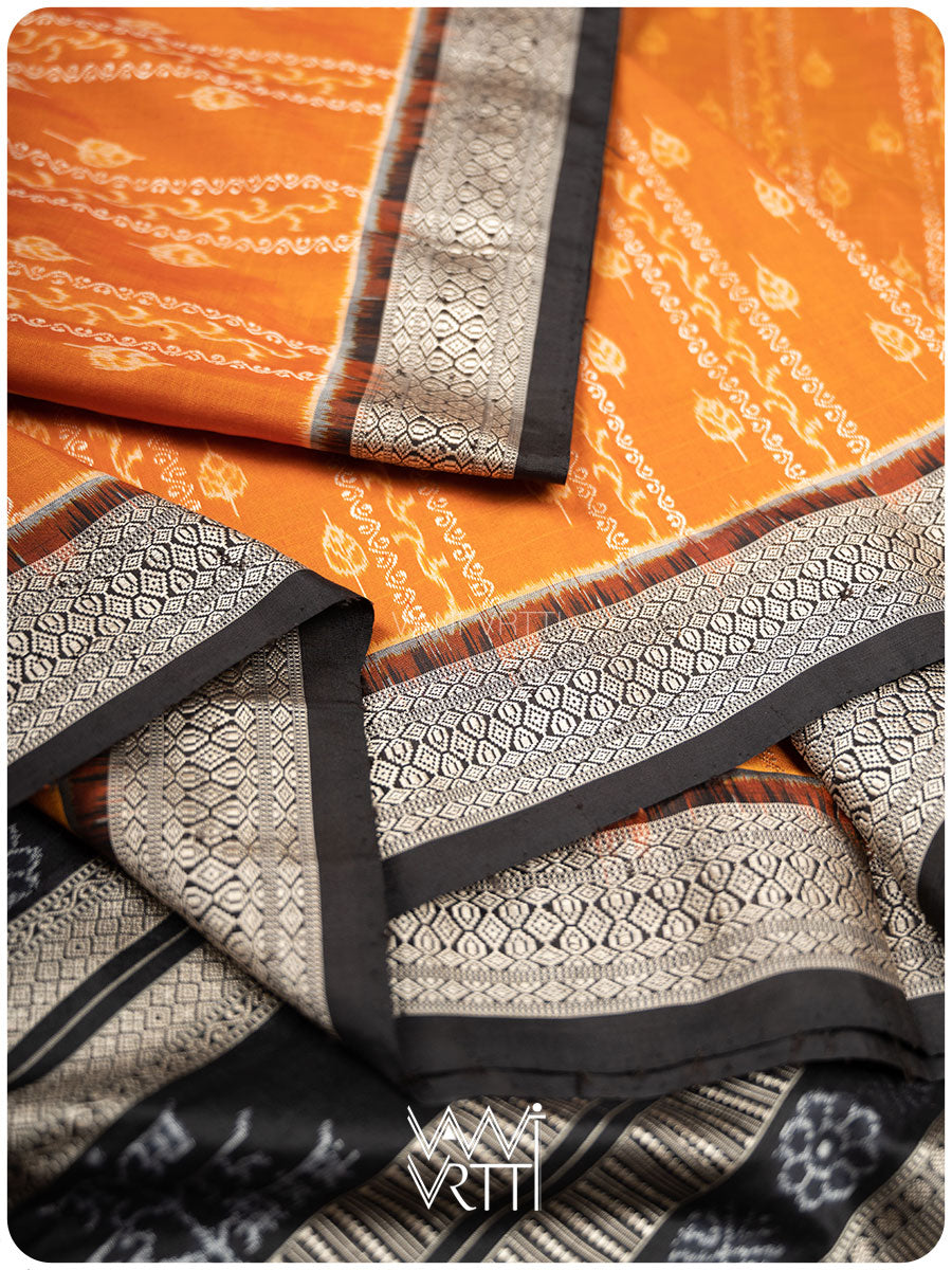 Peepal Narangi Black Prakritik Madder, Haldi & Iron Rust Natural Dyed Mulberry Silk Ikat Saree