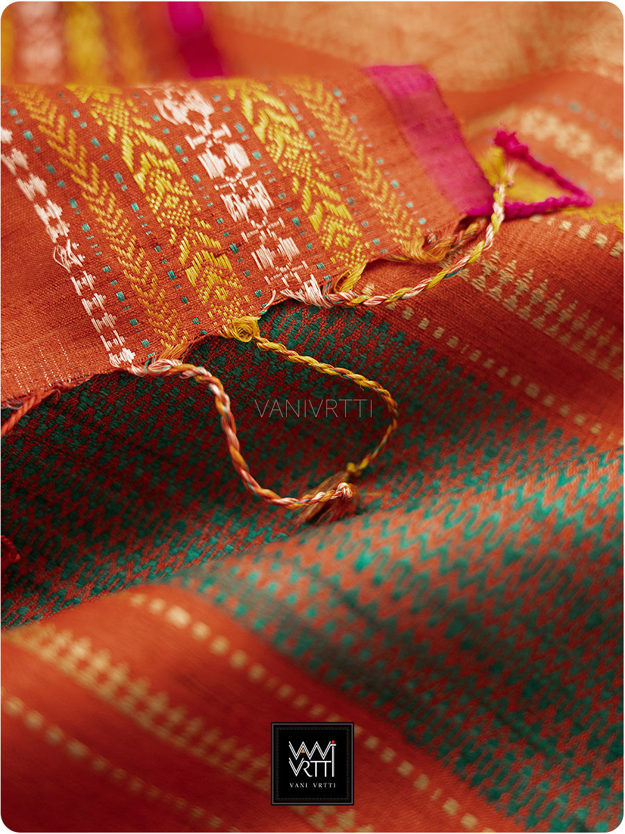 Teal Green Red And Olive Ganga Jamuna Ananta Handspun Tussar Silk Saree
