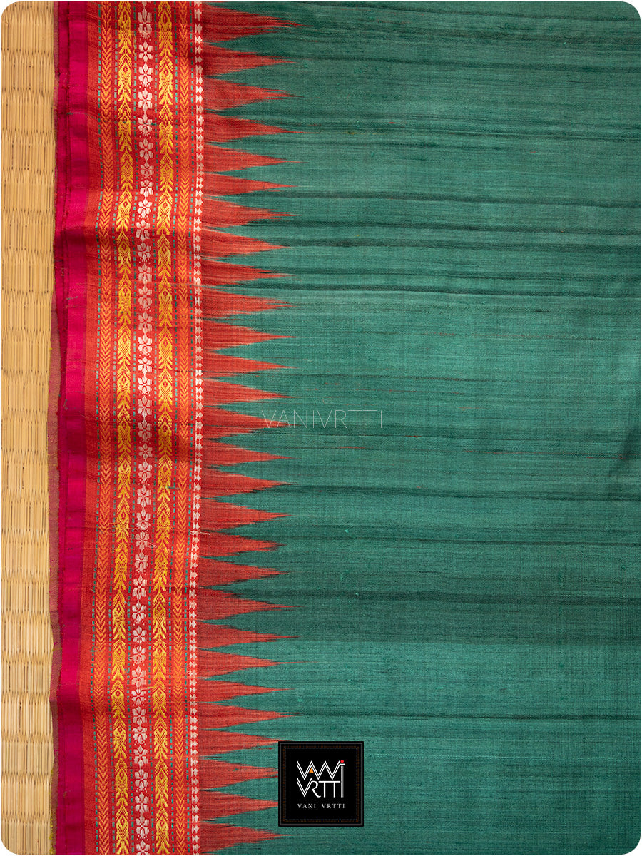 Teal Green Red And Olive Ganga Jamuna Ananta Handspun Tussar Silk Saree