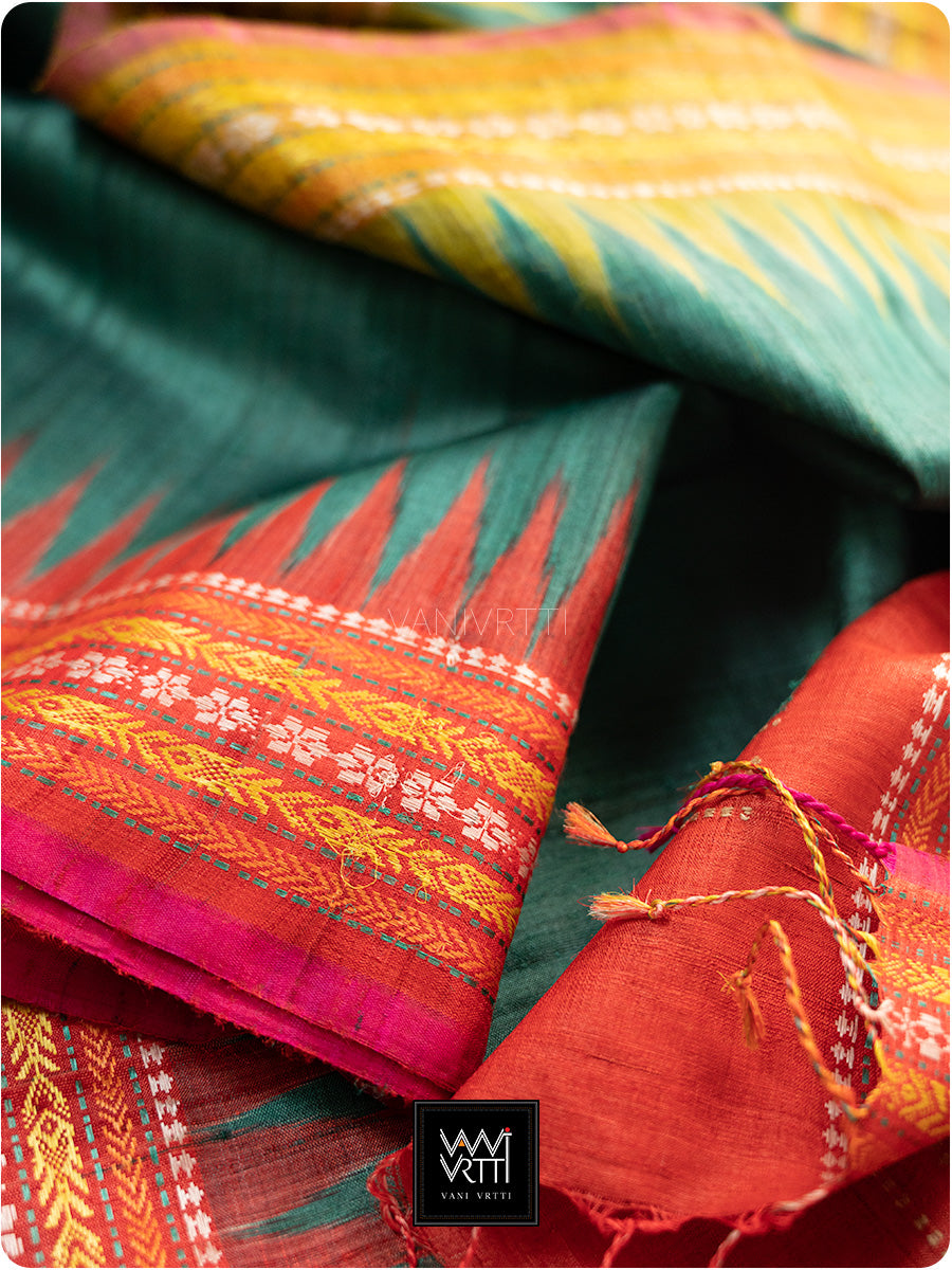 Teal Green Red And Olive Ganga Jamuna Ananta Handspun Tussar Silk Saree