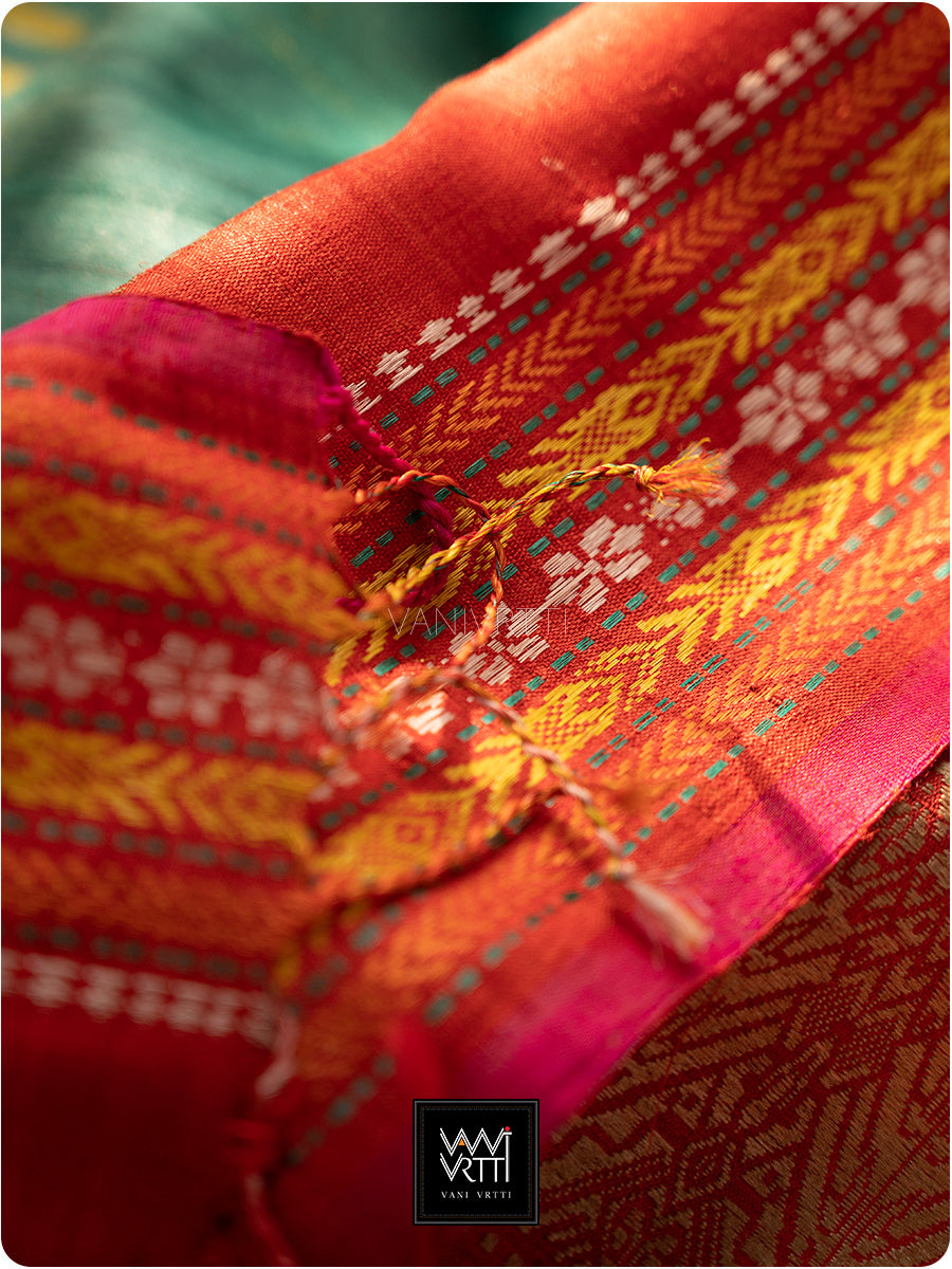 Teal Green Red And Olive Ganga Jamuna Ananta Handspun Tussar Silk Saree