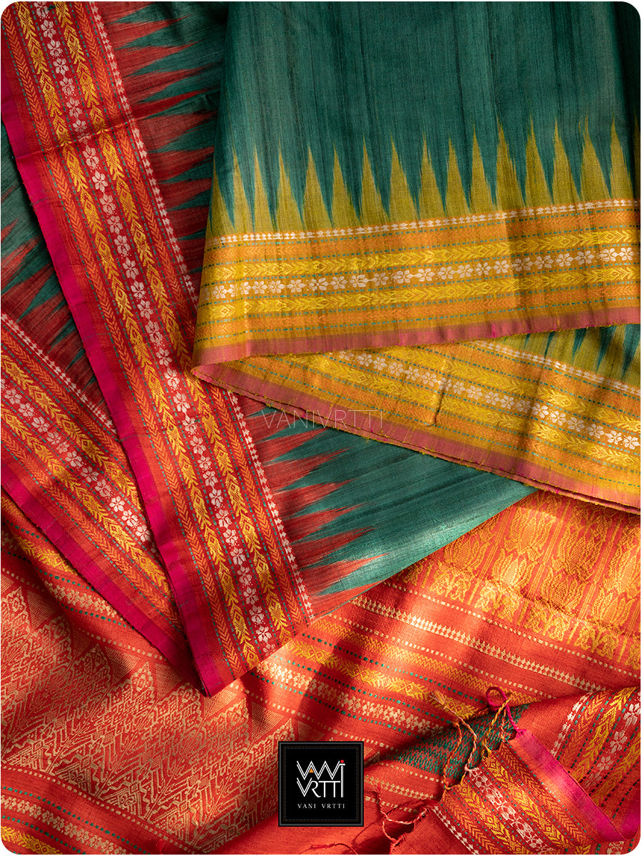 Teal Green Red And Olive Ganga Jamuna Ananta Handspun Tussar Silk Saree