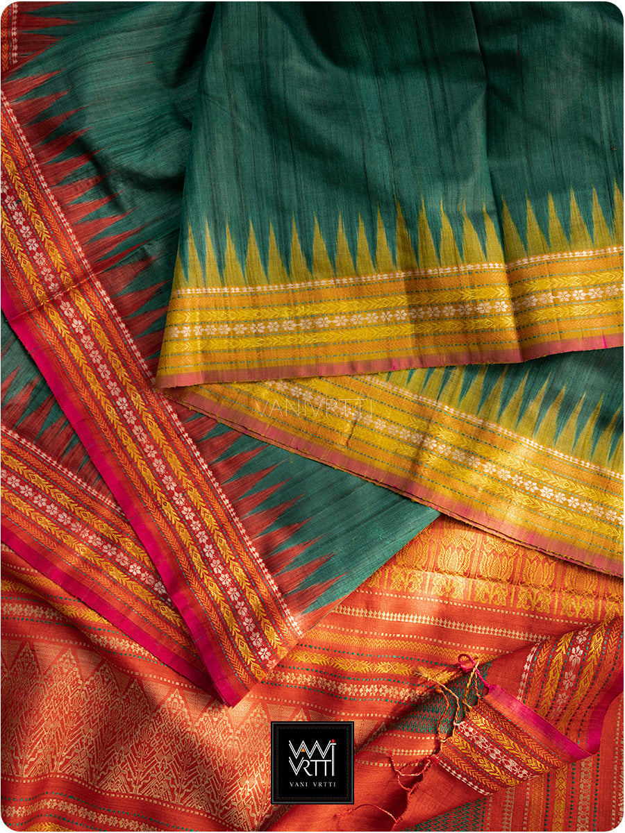 Teal Green Red And Olive Ganga Jamuna Ananta Handspun Tussar Silk Saree
