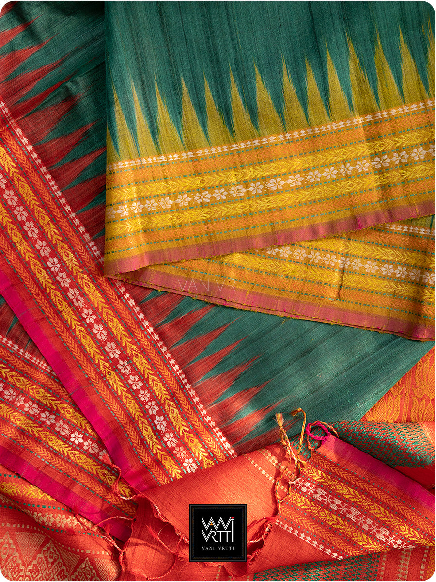 Teal Green Red And Olive Ganga Jamuna Ananta Handspun Tussar Silk Saree