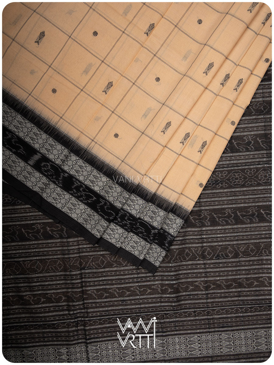 Light Beige Black Matsya Checks Natural Dyed Cotton Ikat Saree