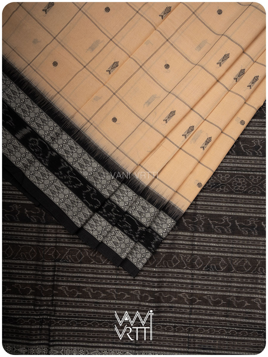 Light Beige Black Matsya Checks Natural Dyed Cotton Ikat Saree