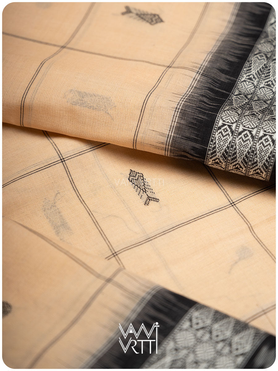 Light Beige Black Matsya Checks Natural Dyed Cotton Ikat Saree