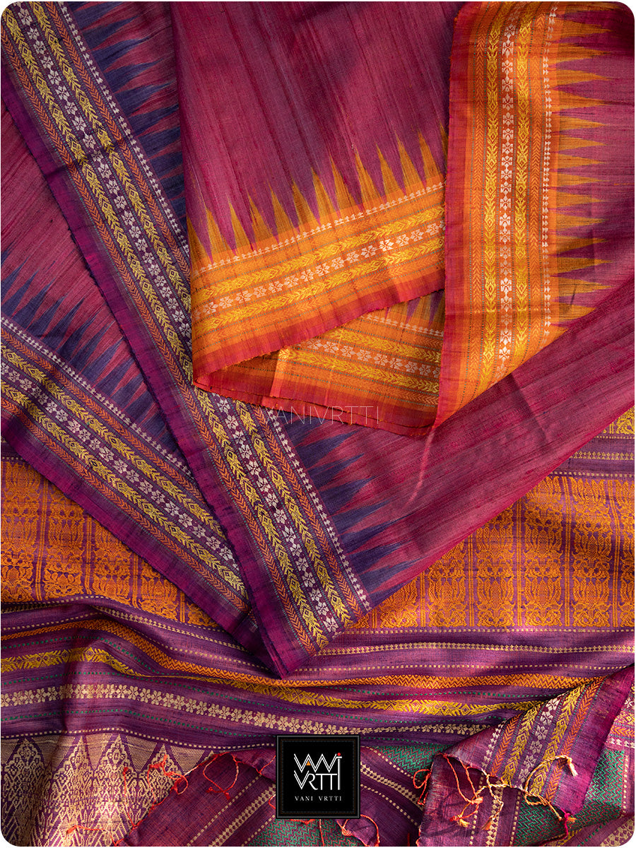 Burgundy Pink Purple Orange Ganga Jamuna Ananta Handspun Tussar Silk Saree