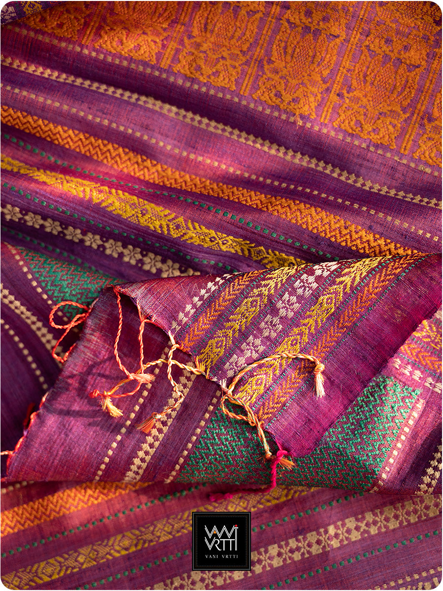 Burgundy Pink Purple Orange Ganga Jamuna Ananta Handspun Tussar Silk Saree