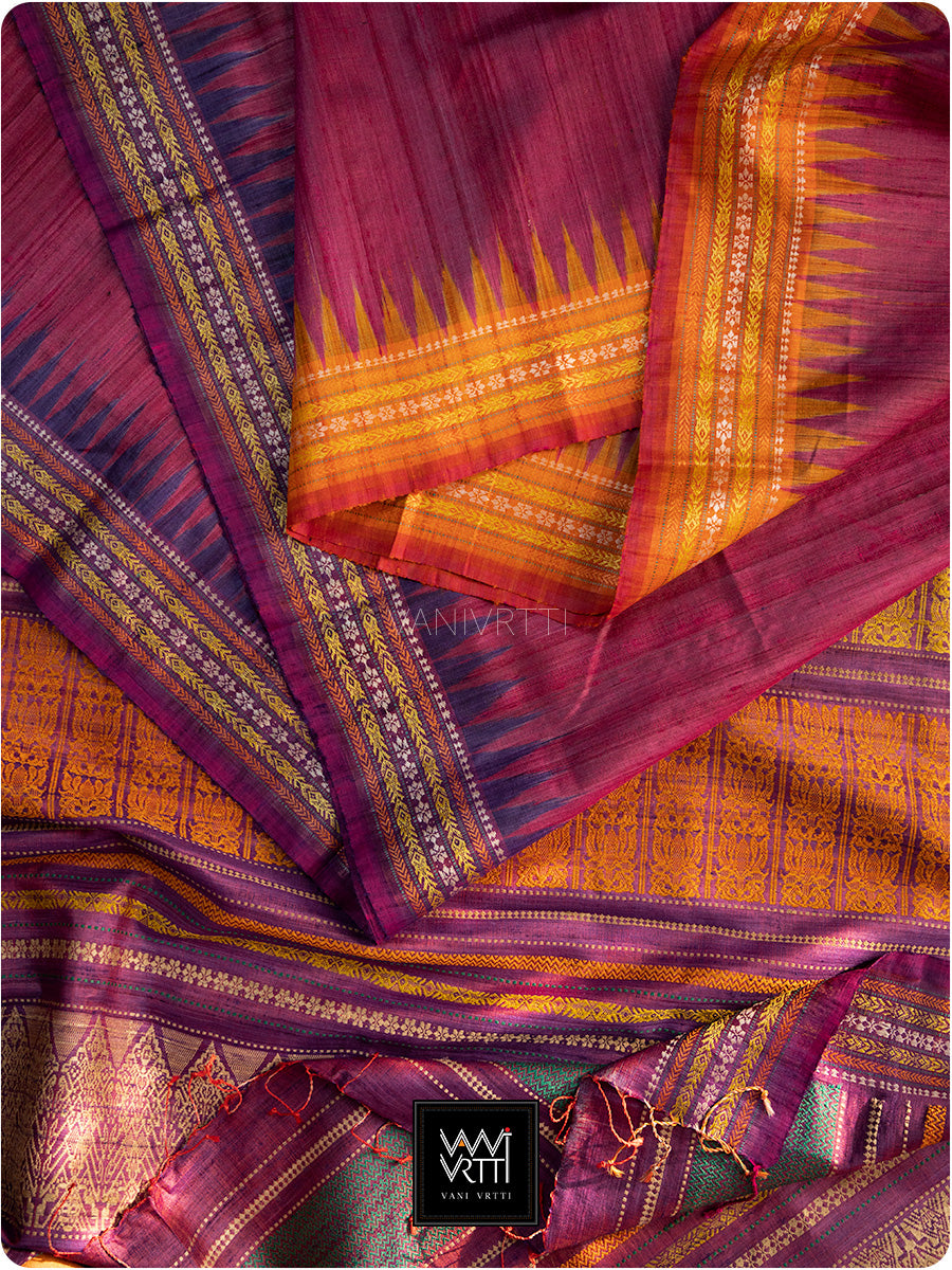 Burgundy Pink Purple Orange Ganga Jamuna Ananta Handspun Tussar Silk Saree