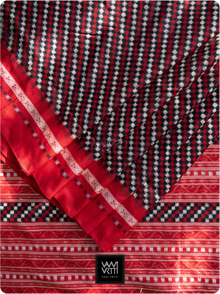 Black Red Saktapar Bandha Double Ikat Master Weave Sambalpuri Mulberry Silk Saree