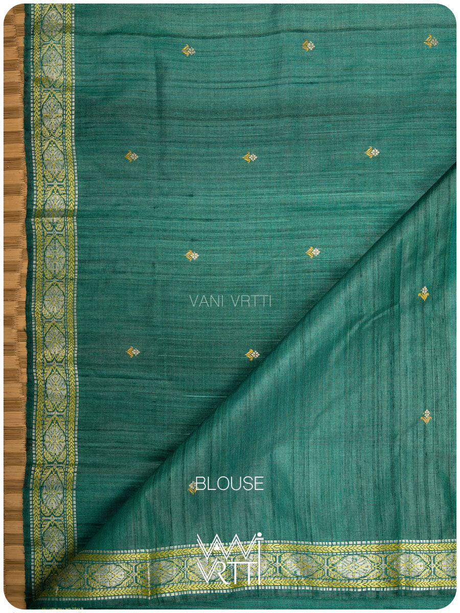 Emerald Green Brahma Kamal Master Weave Exclusive Handspun Tussar Silk Saree