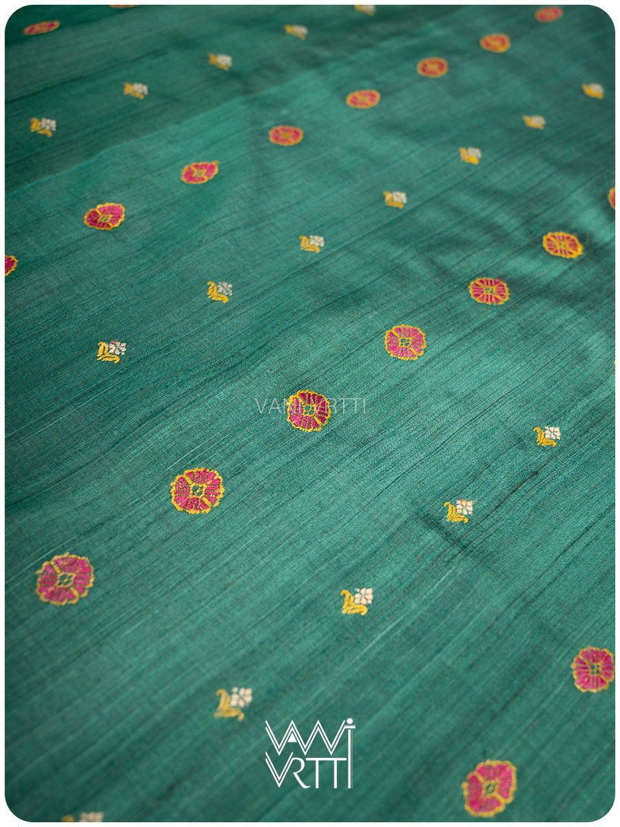 Emerald Green Brahma Kamal Master Weave Exclusive Handspun Tussar Silk Saree