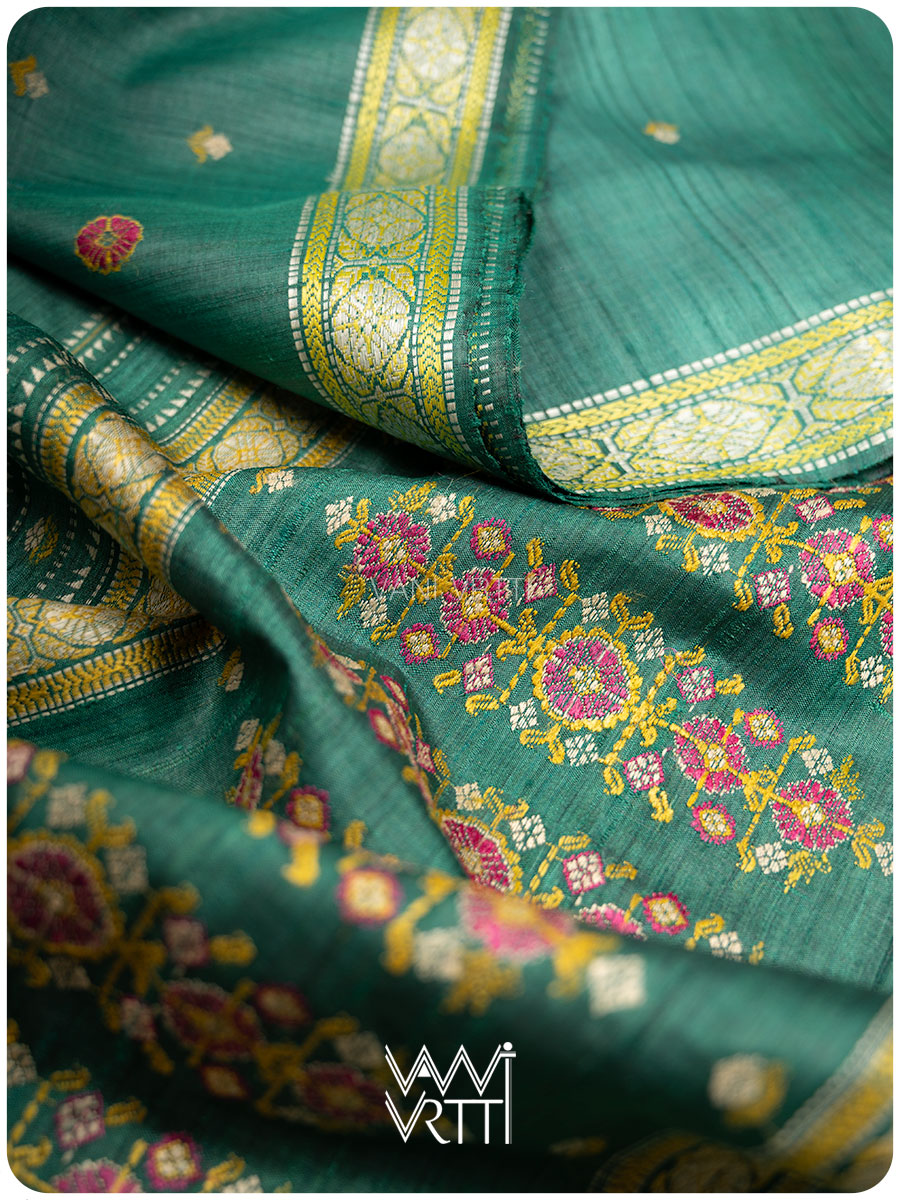 Emerald Green Brahma Kamal Master Weave Exclusive Handspun Tussar Silk Saree