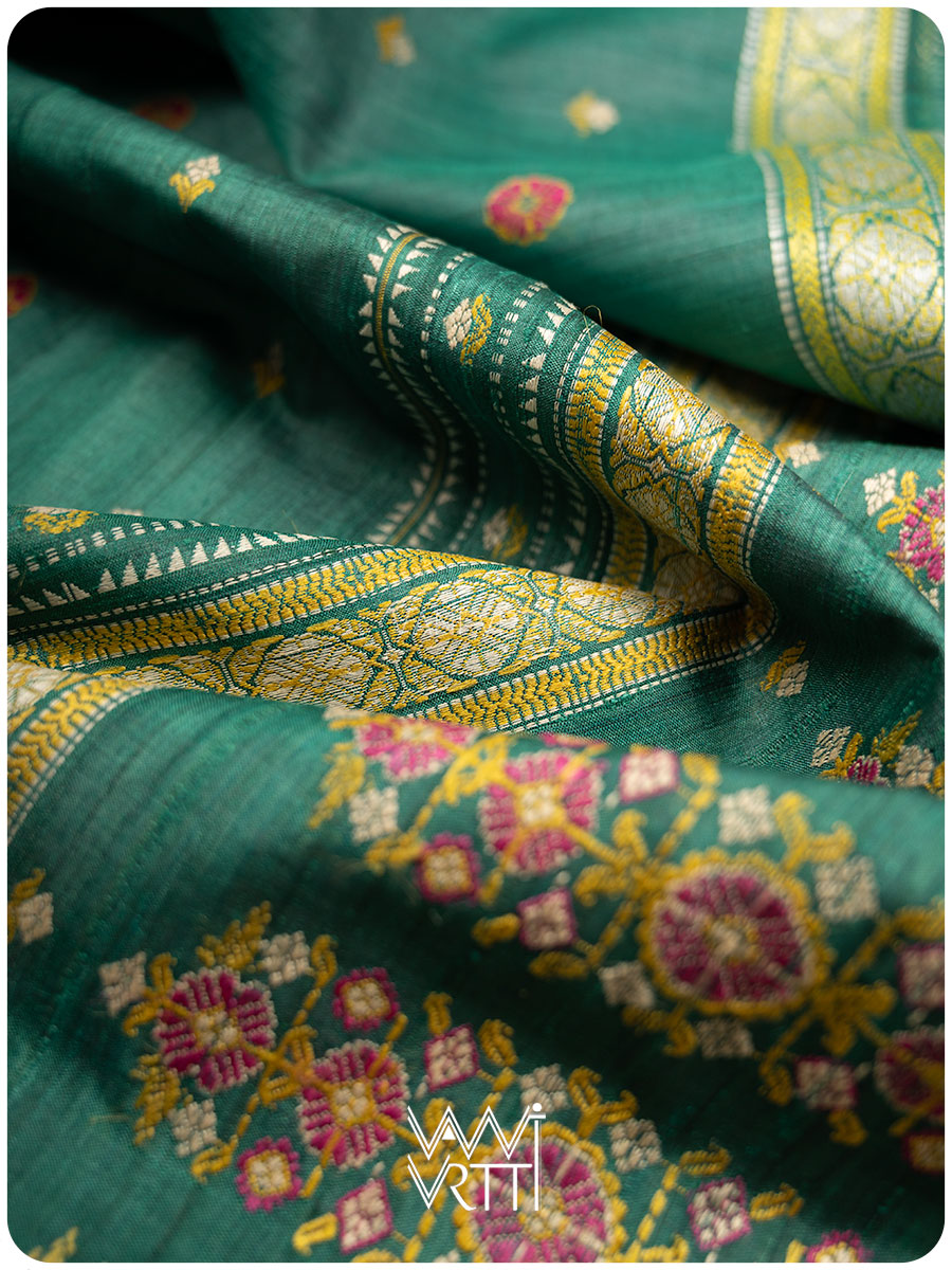 Emerald Green Brahma Kamal Master Weave Exclusive Handspun Tussar Silk Saree