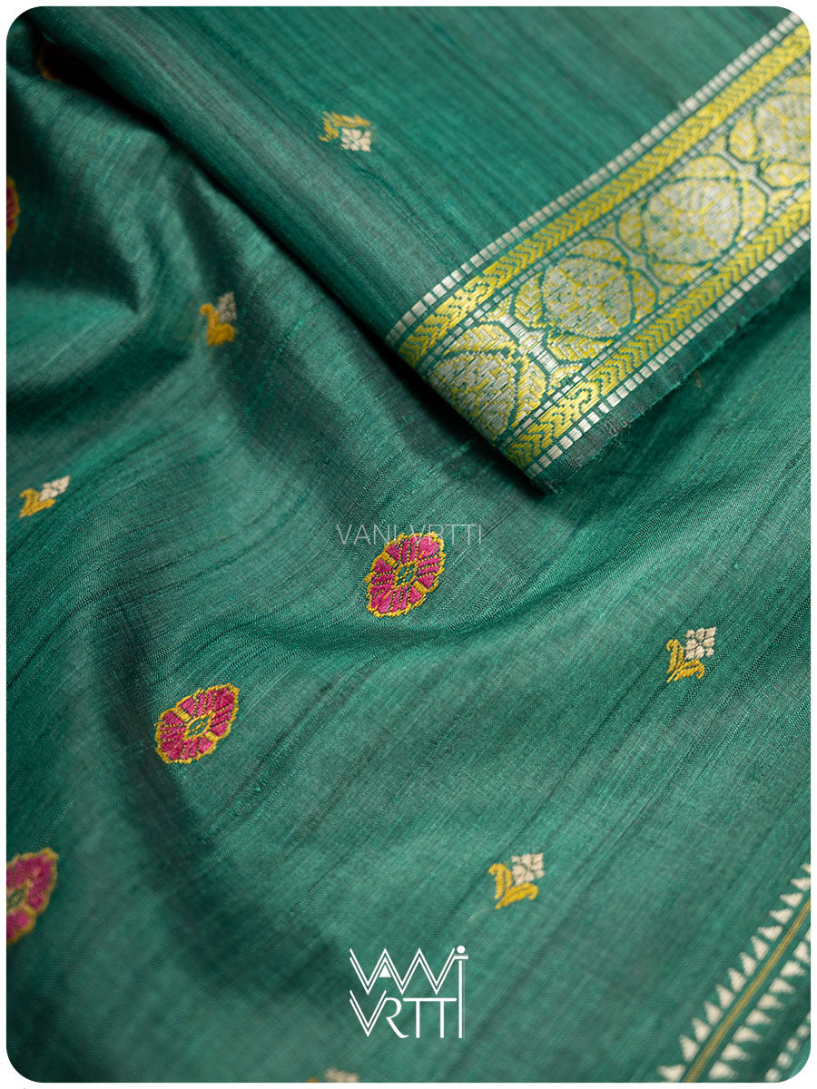 Emerald Green Brahma Kamal Master Weave Exclusive Handspun Tussar Silk Saree