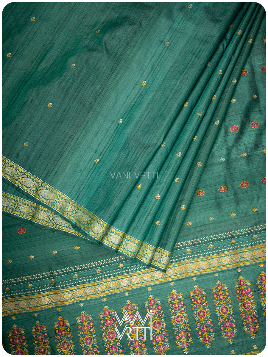 Emerald Green Brahma Kamal Master Weave Exclusive Handspun Tussar Silk Saree