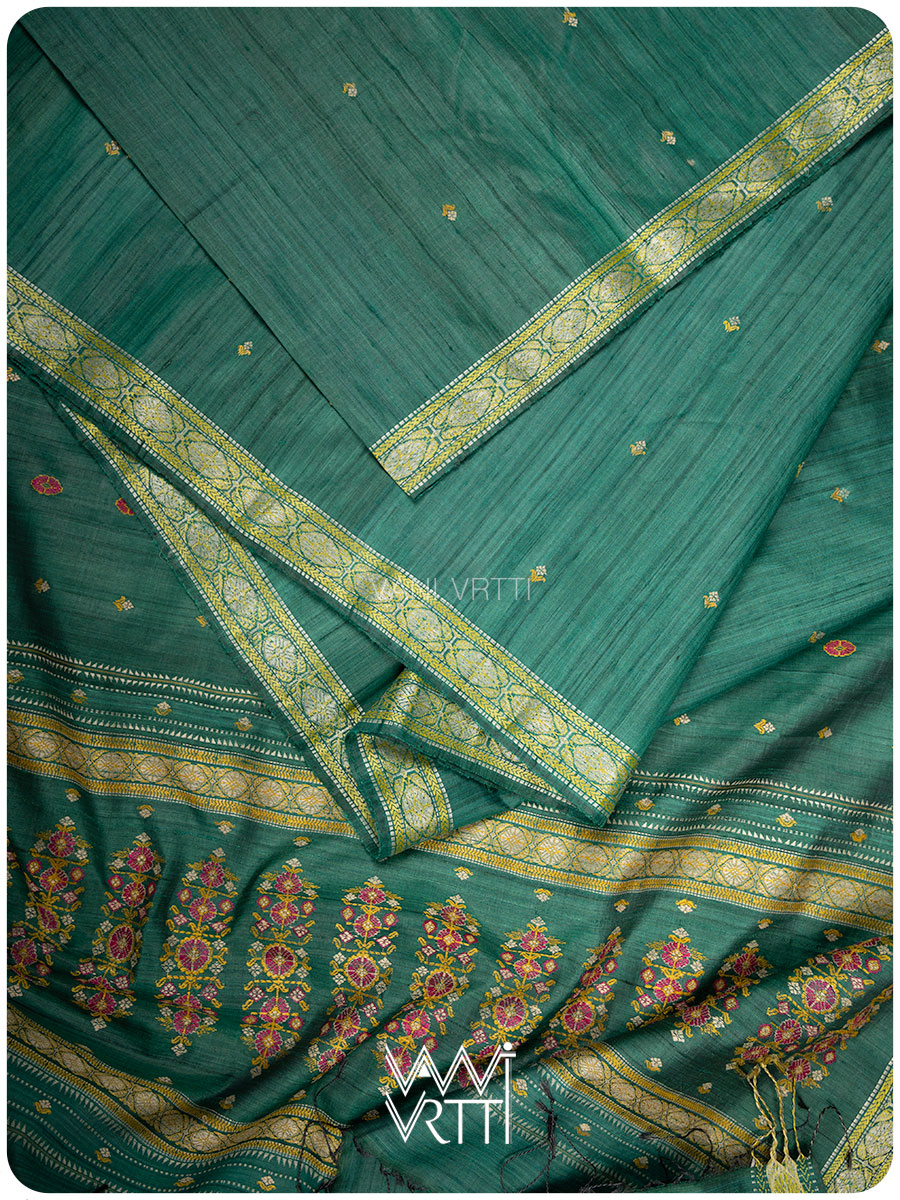 Emerald Green Brahma Kamal Master Weave Exclusive Handspun Tussar Silk Saree