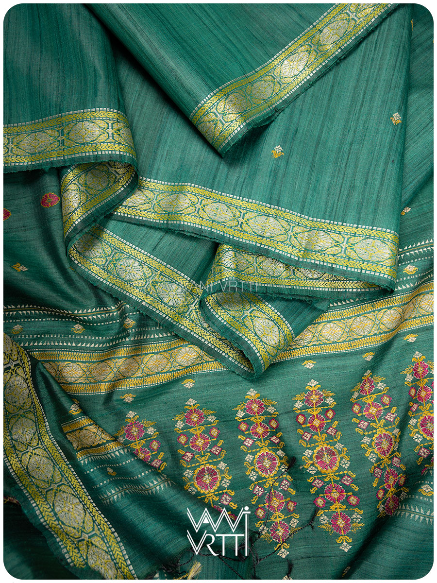 Emerald Green Brahma Kamal Master Weave Exclusive Handspun Tussar Silk Saree