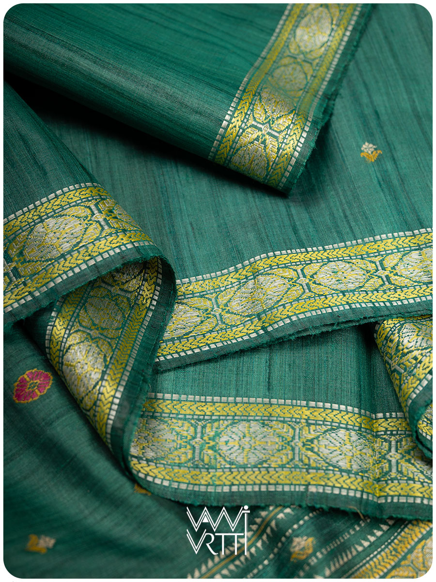 Emerald Green Brahma Kamal Master Weave Exclusive Handspun Tussar Silk Saree