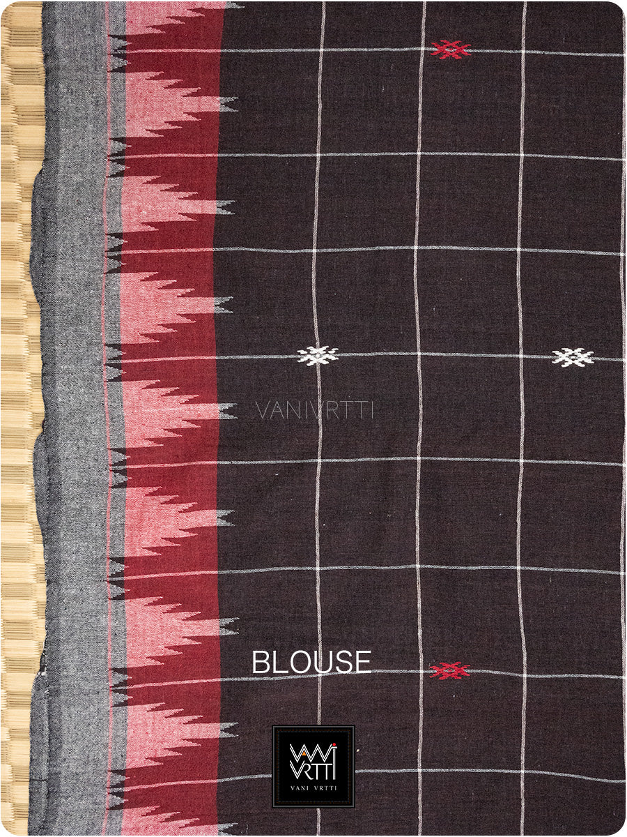 Deep Coffee Bold Checks Natural Dyed Phoda Kumbha Handwoven Cotton Kotpad Saree