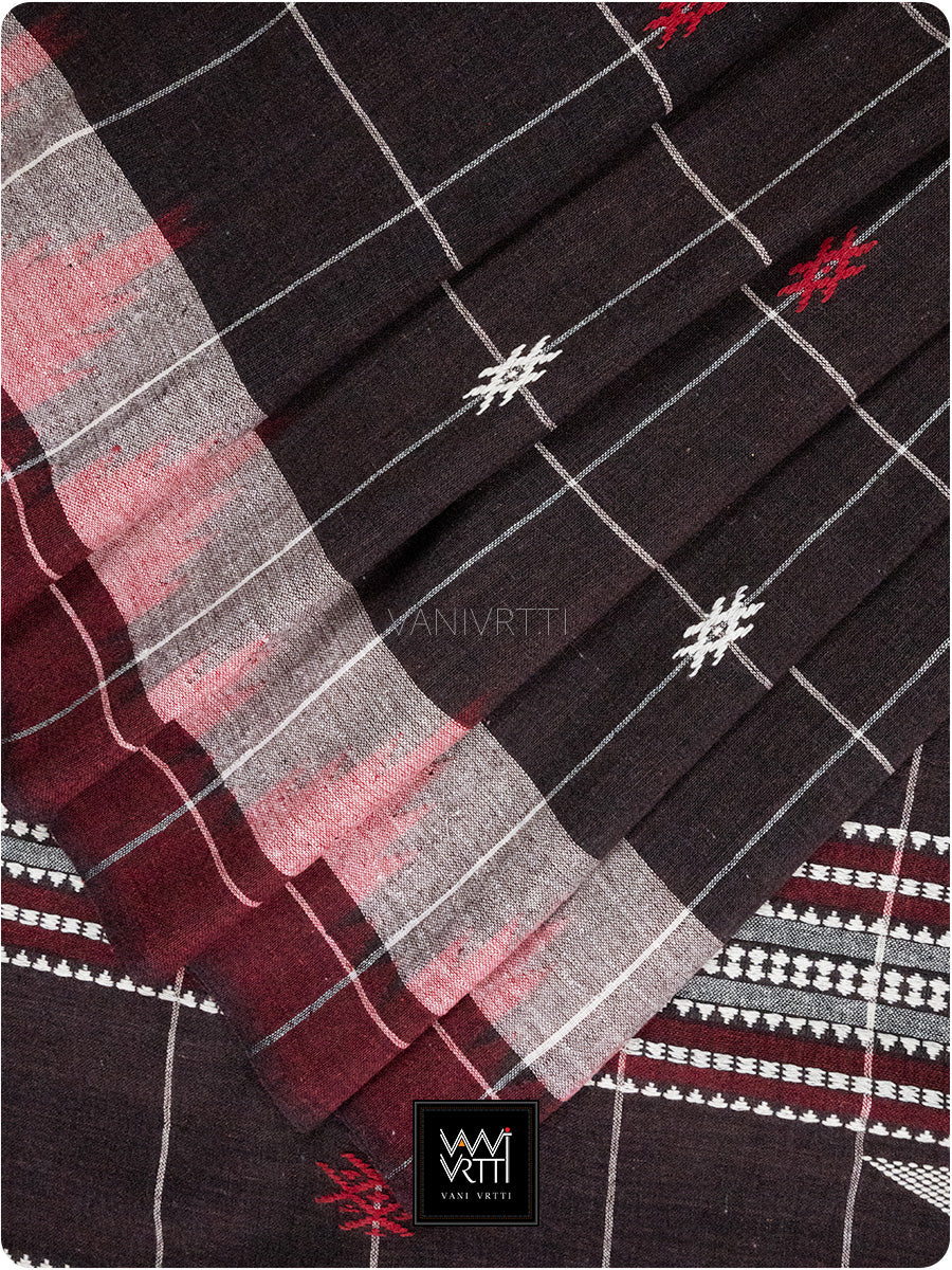 Deep Coffee Bold Checks Natural Dyed Phoda Kumbha Handwoven Cotton Kotpad Saree