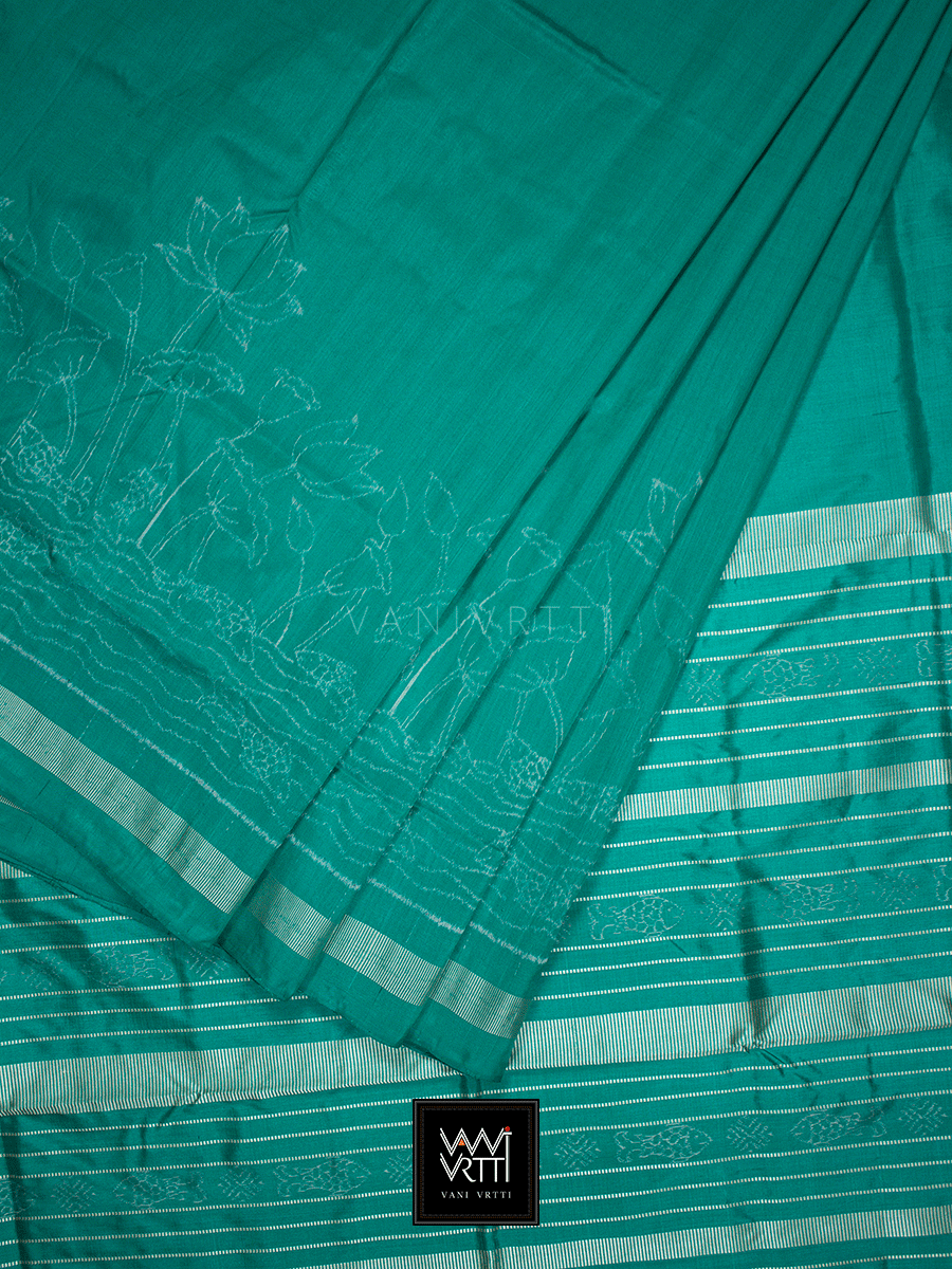 Sea Green Lotus Pond Designer Pure Mulberry Silk Ikat Saree