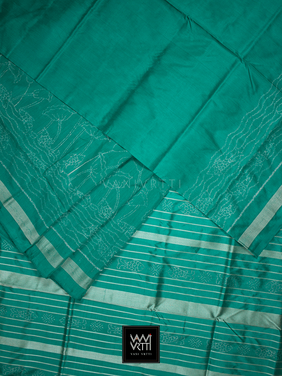 Sea Green Lotus Pond Designer Pure Mulberry Silk Ikat Saree