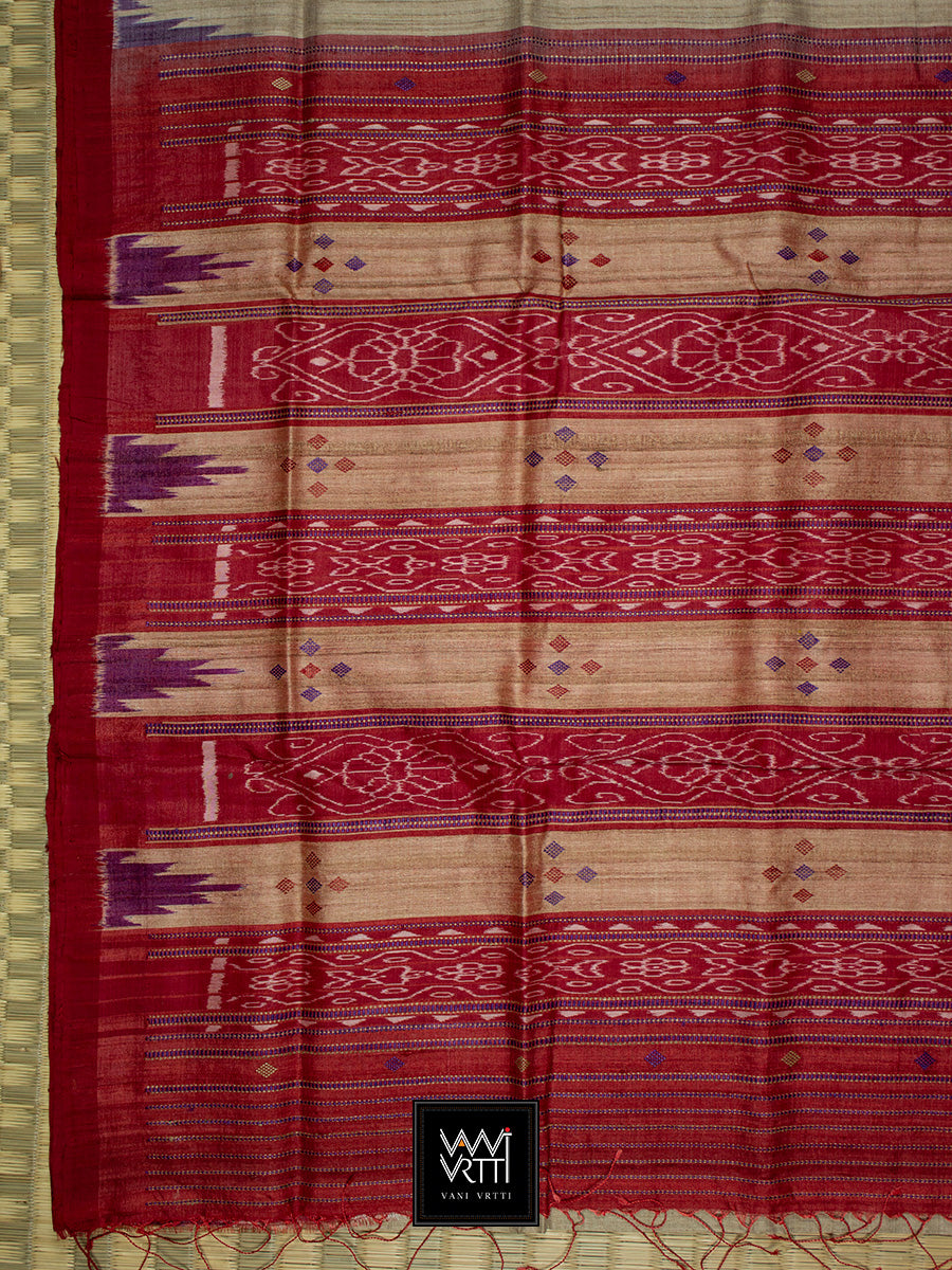 Off White Purple Red Nadi Handspun Tussar Silk Saree