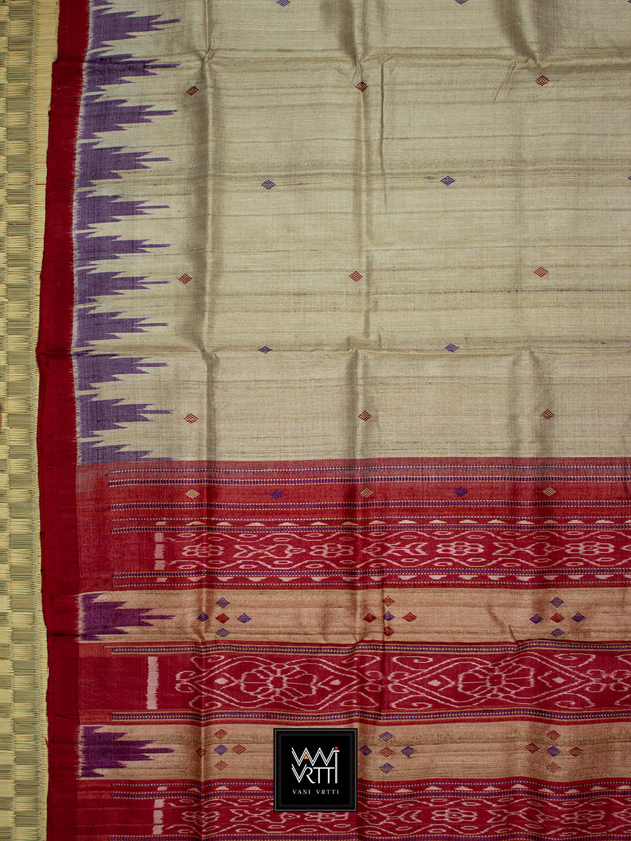 Off White Purple Red Nadi Handspun Tussar Silk Saree