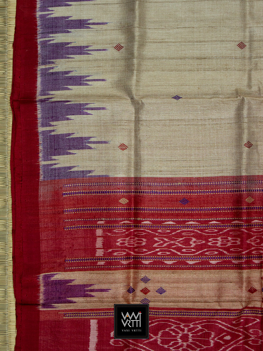 Off White Purple Red Nadi Handspun Tussar Silk Saree