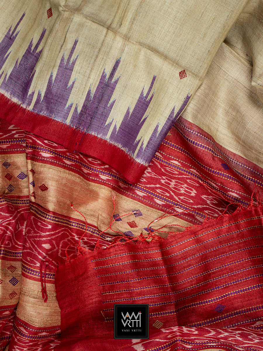 Off White Purple Red Nadi Handspun Tussar Silk Saree