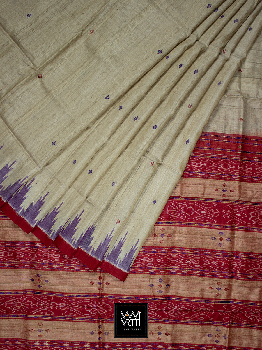 Off White Purple Red Nadi Handspun Tussar Silk Saree