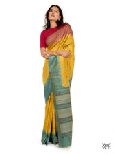Yellow Sea Blue Pink Anjana Handspun Tussar Silk Saree