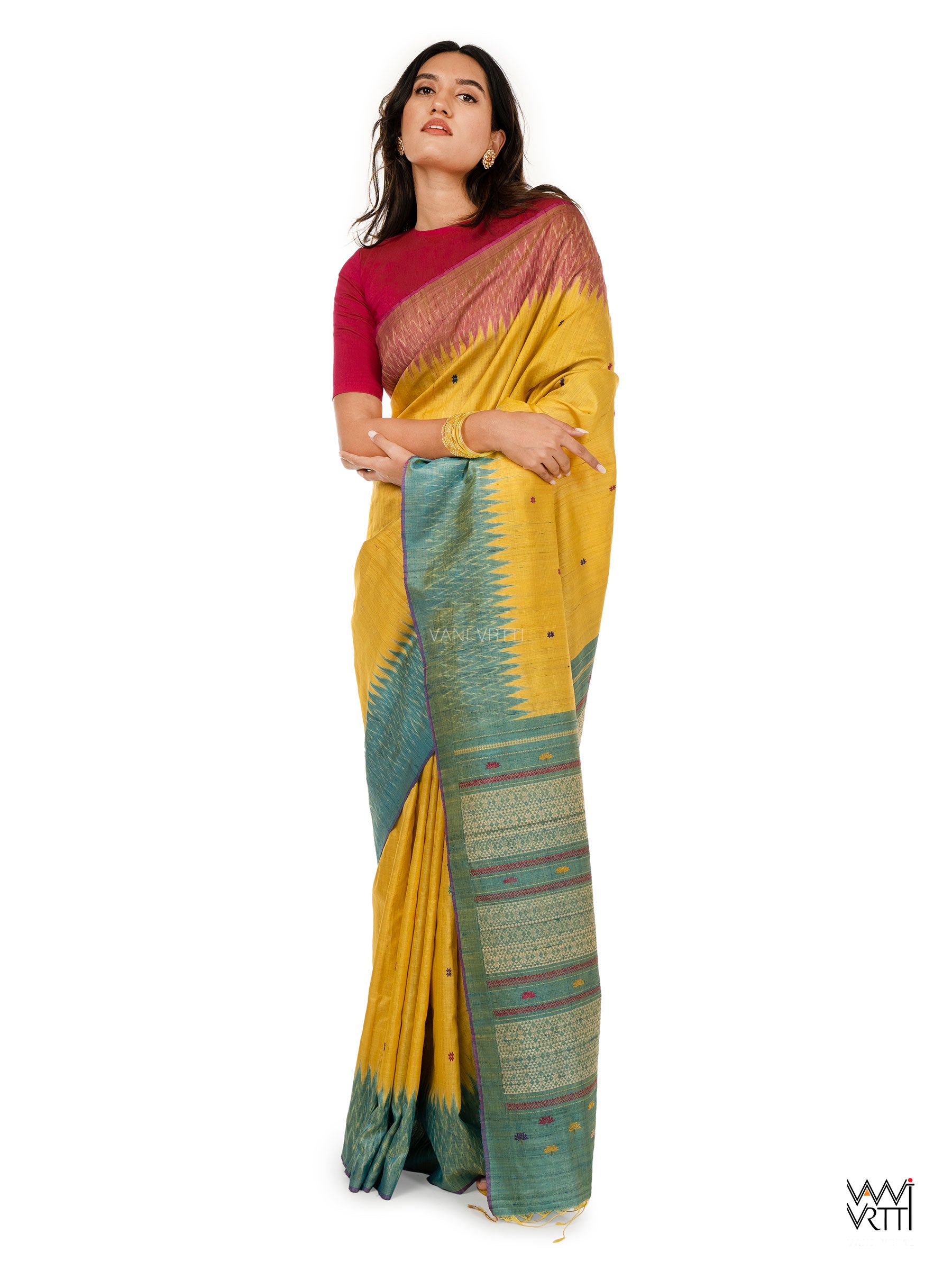 Yellow Sea Blue Pink Anjana Handspun Tussar Silk Saree