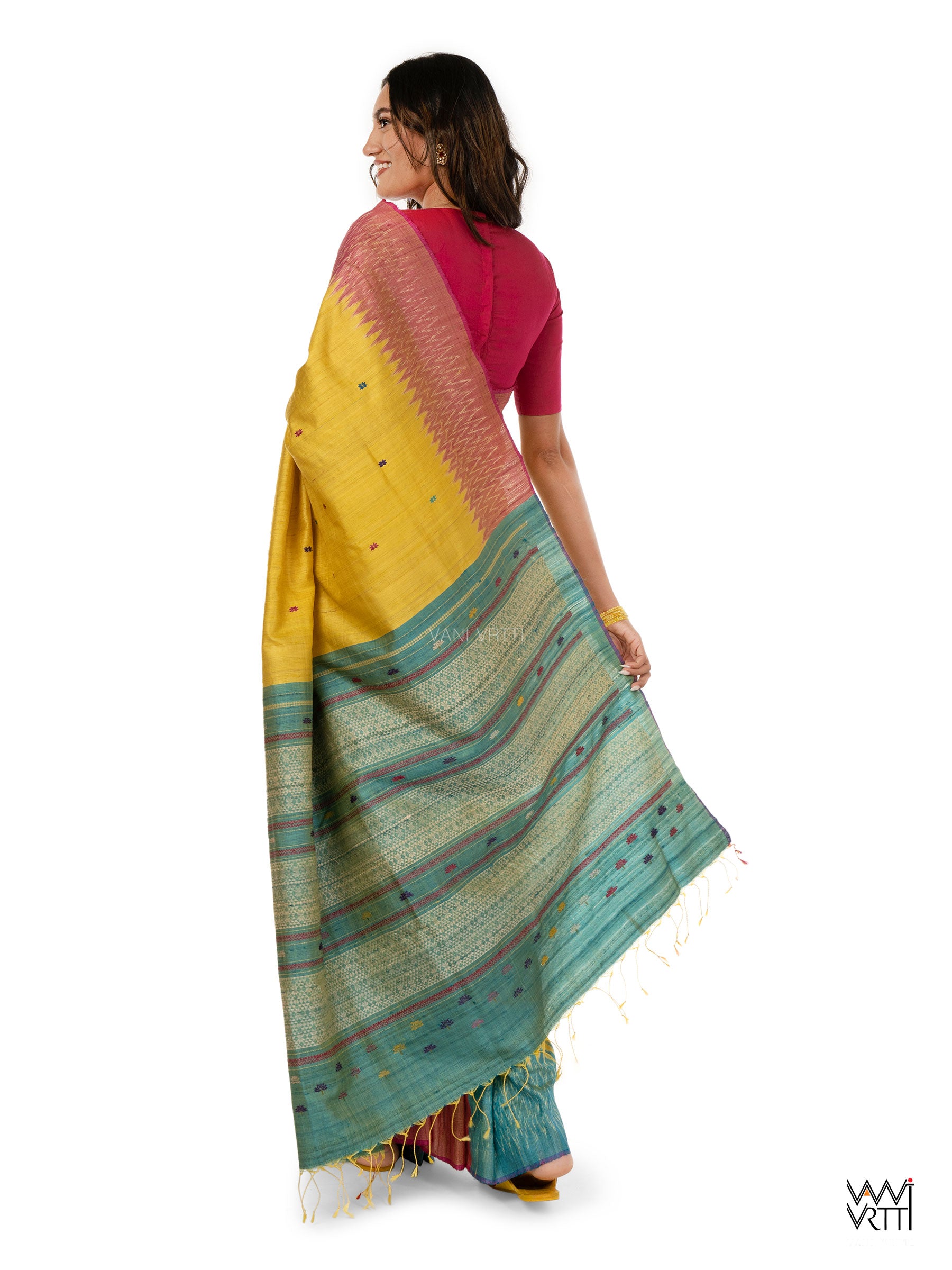 Yellow Sea Blue Pink Anjana Handspun Tussar Silk Saree