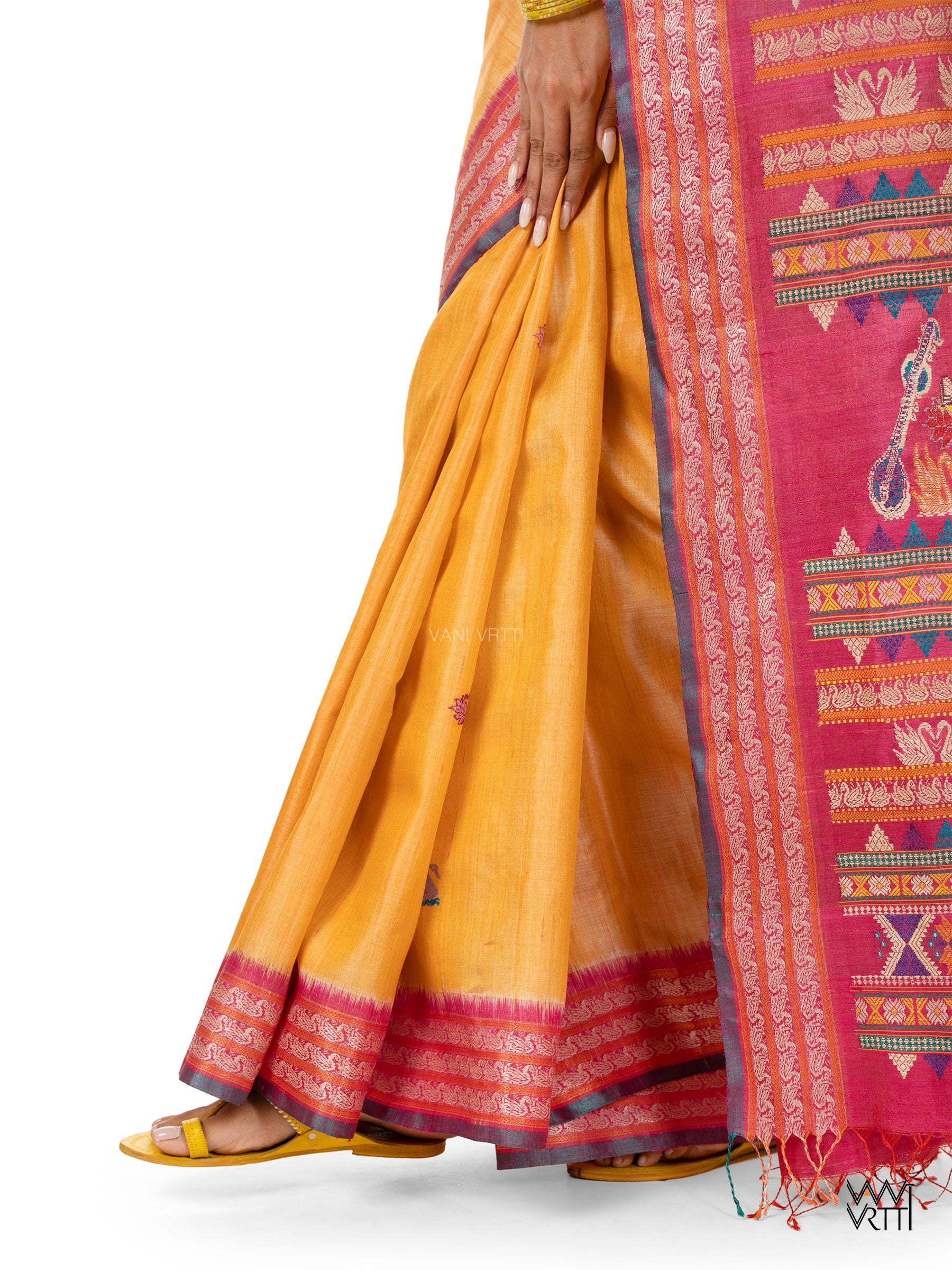 Chikoo Yellow Pani Lata Master Weave Exclusive Handspun Tussar Silk Saree