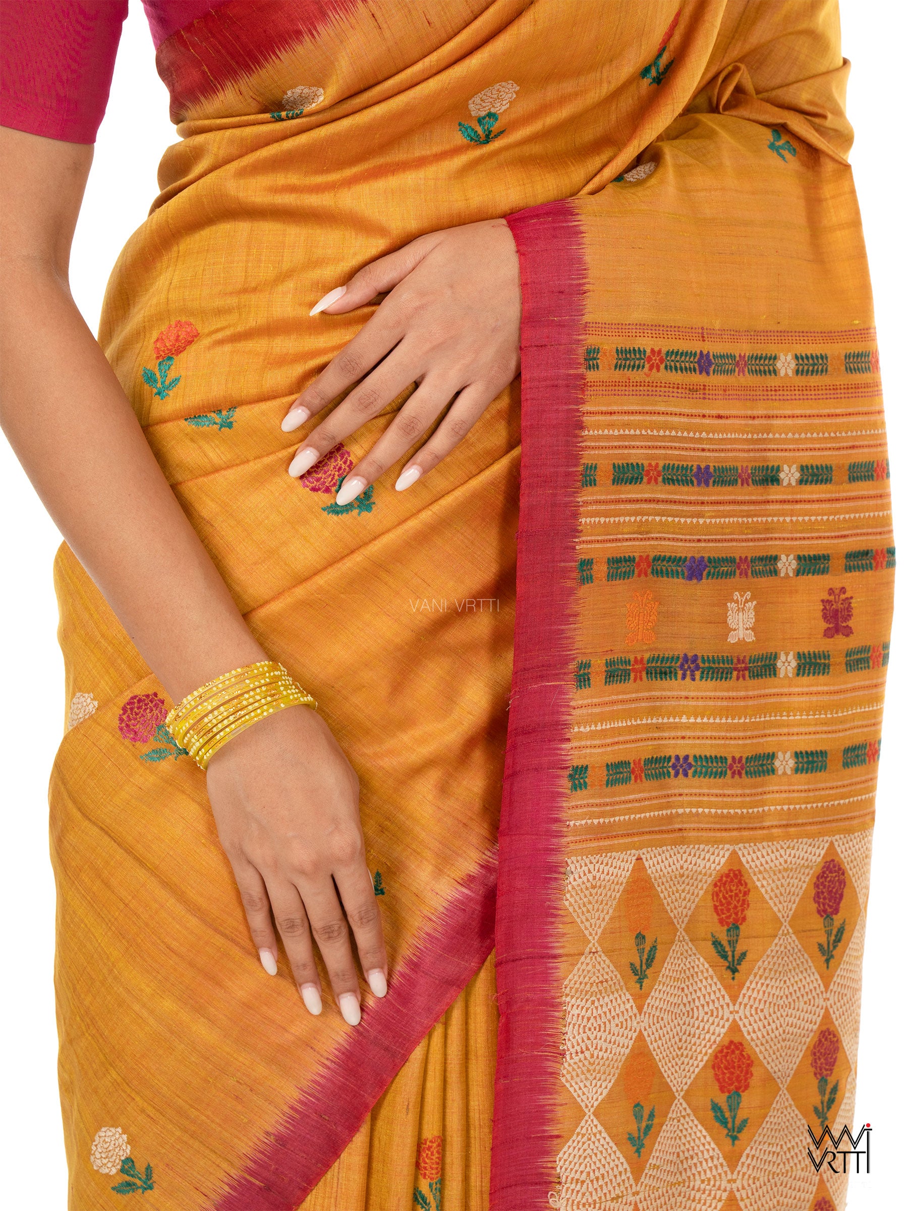 Mustard Yellow Pink Red Ganga Jamuna Marigold Wild Garden Master Weave Exclusive Handspun Tussar Silk Saree