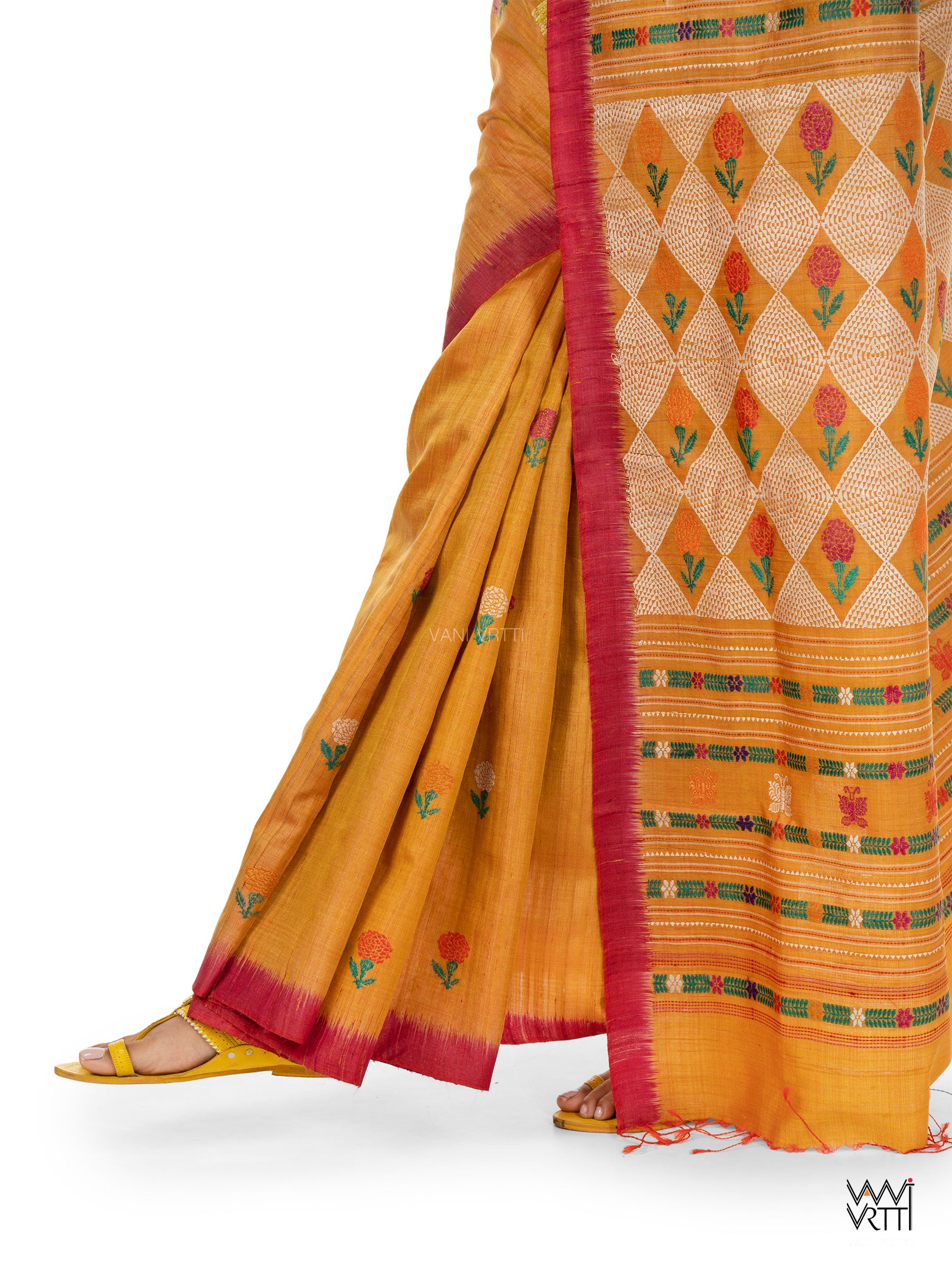 Mustard Yellow Pink Red Ganga Jamuna Marigold Wild Garden Master Weave Exclusive Handspun Tussar Silk Saree