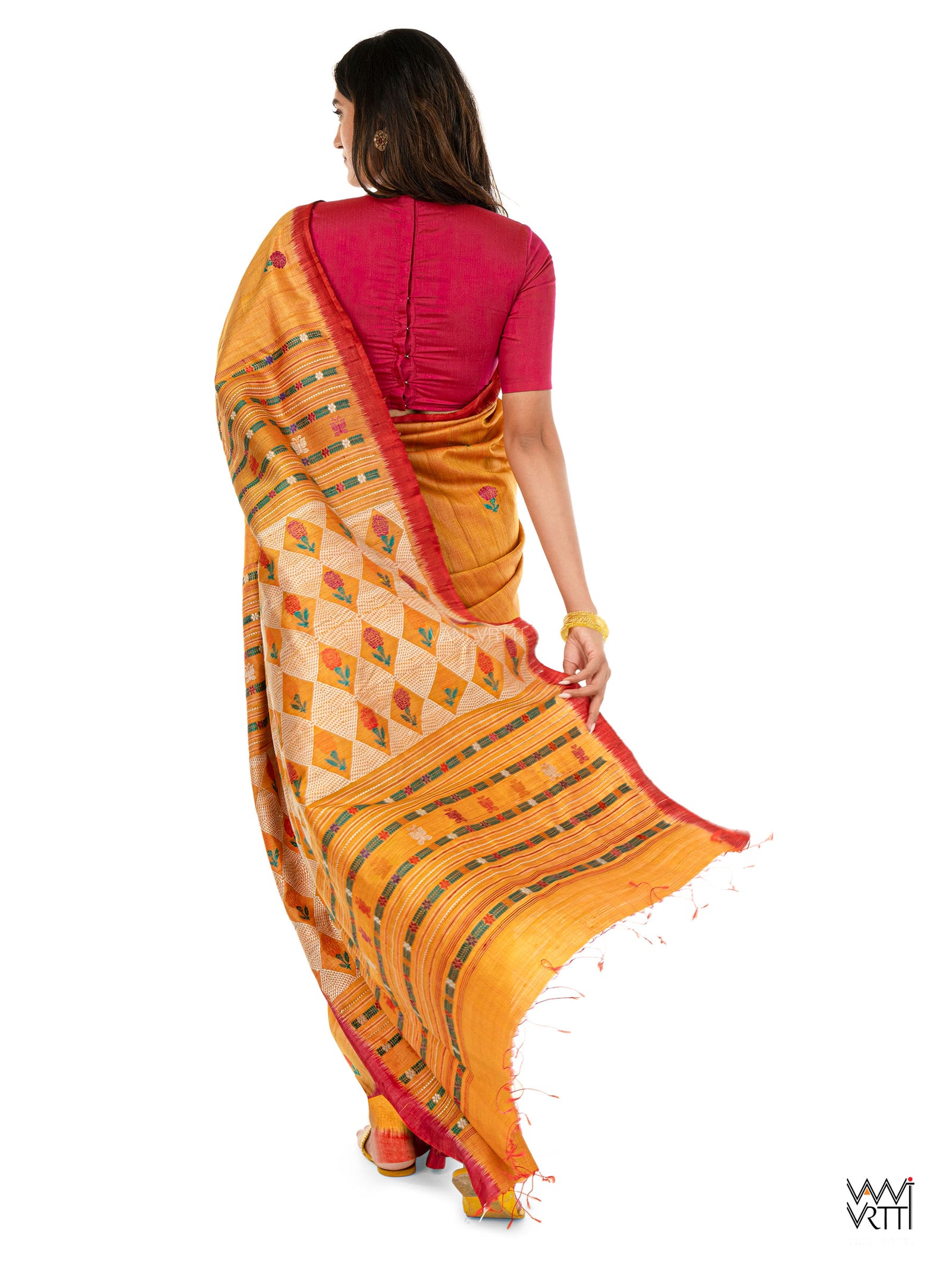 Mustard Yellow Pink Red Ganga Jamuna Marigold Wild Garden Master Weave Exclusive Handspun Tussar Silk Saree