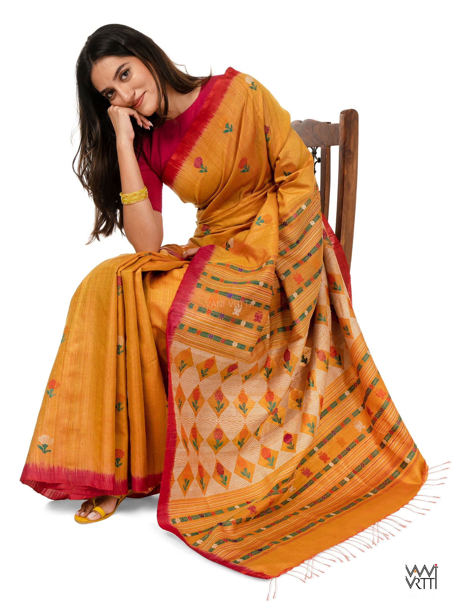 Mustard Yellow Pink Red Ganga Jamuna Marigold Wild Garden Master Weave Exclusive Handspun Tussar Silk Saree