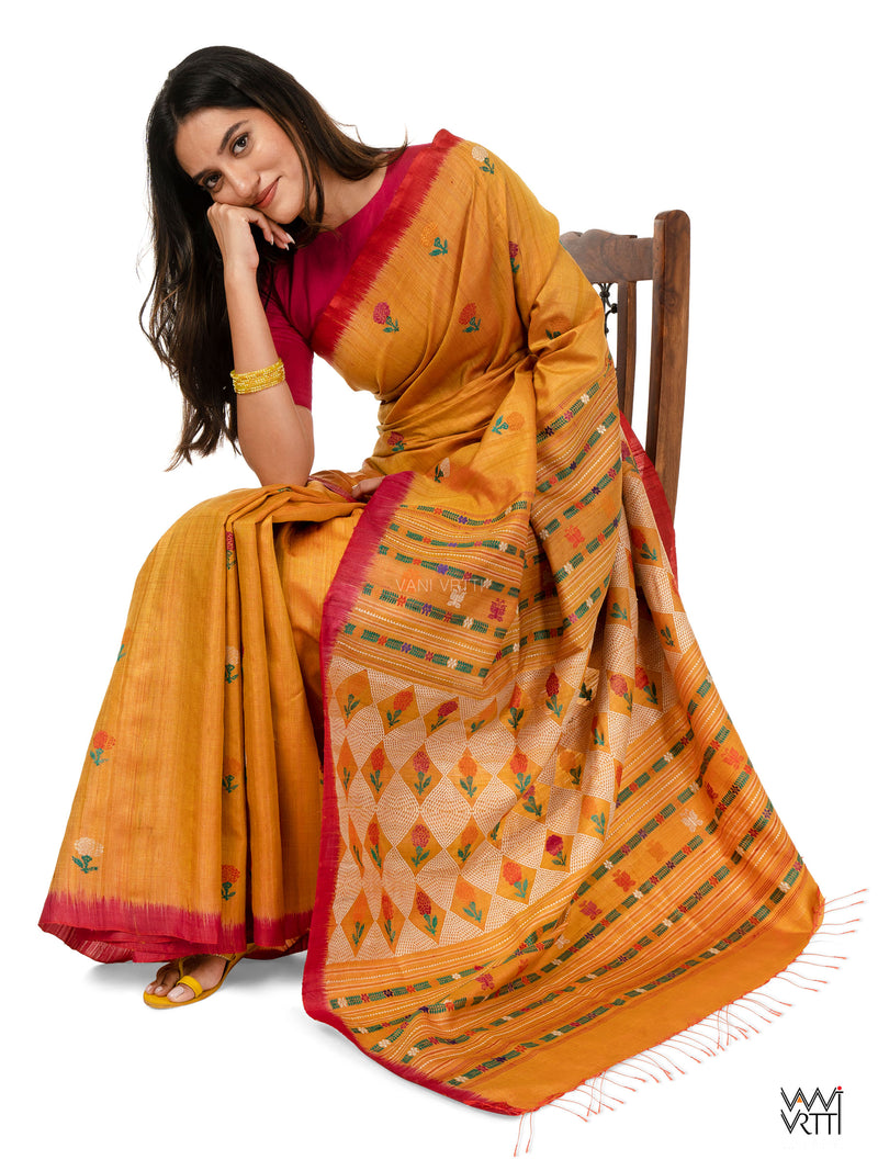 Mustard Yellow Pink Red Ganga Jamuna Marigold Wild Garden Master Weave Exclusive Handspun Tussar Silk Saree