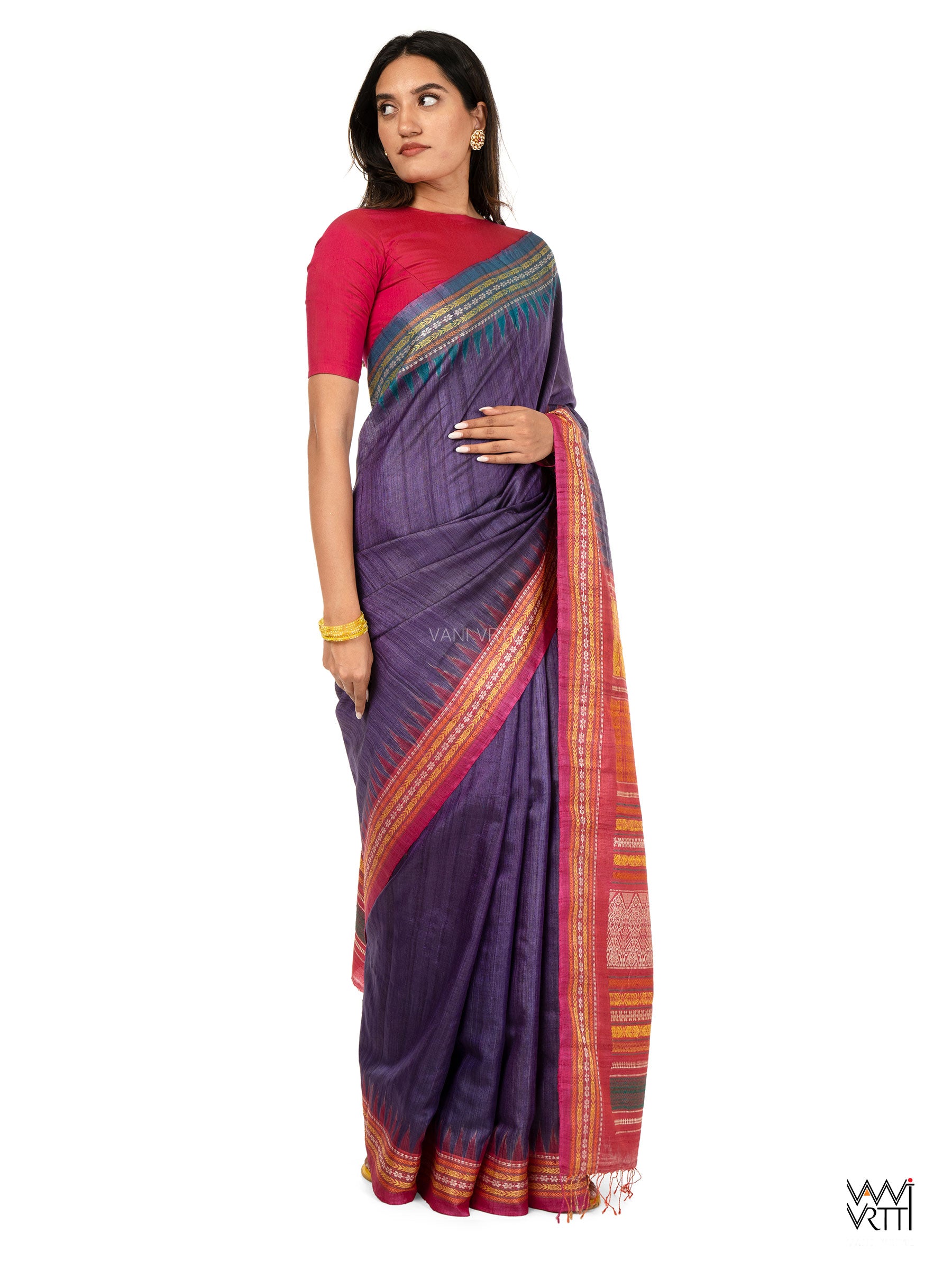 Deep Baingani Magenta Firozi Ananta Handspun Tussar Silk Sari