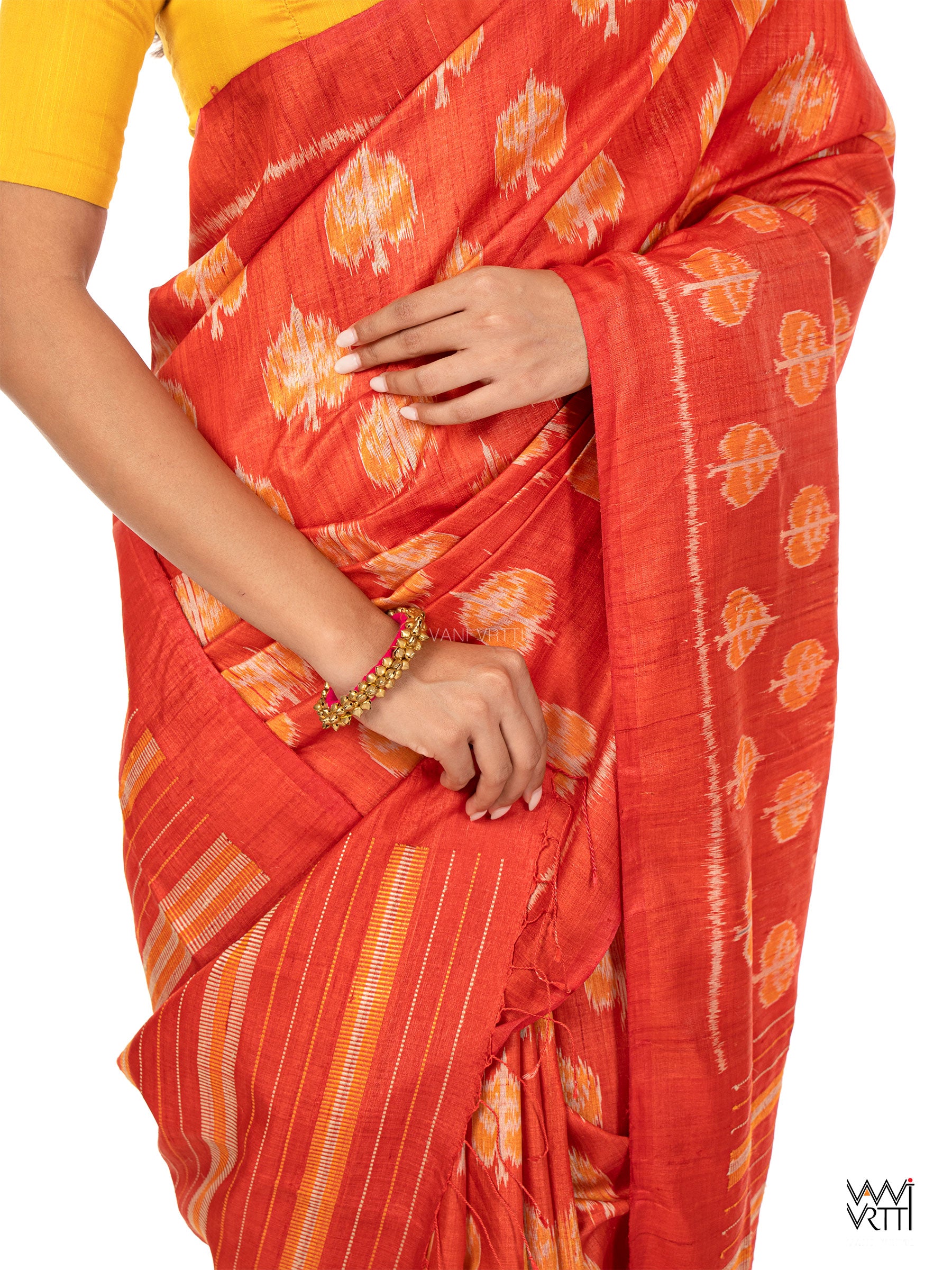 Red Peepal Ikat Handspun Tussar Silk Saree