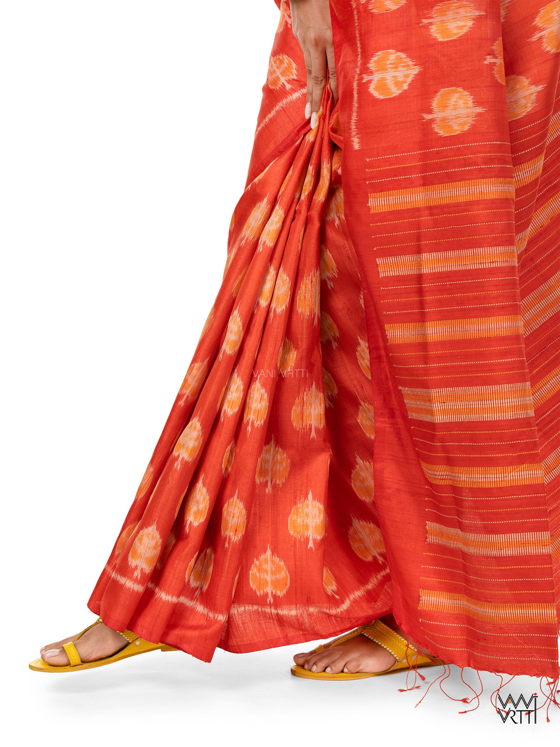 Red Peepal Ikat Handspun Tussar Silk Saree