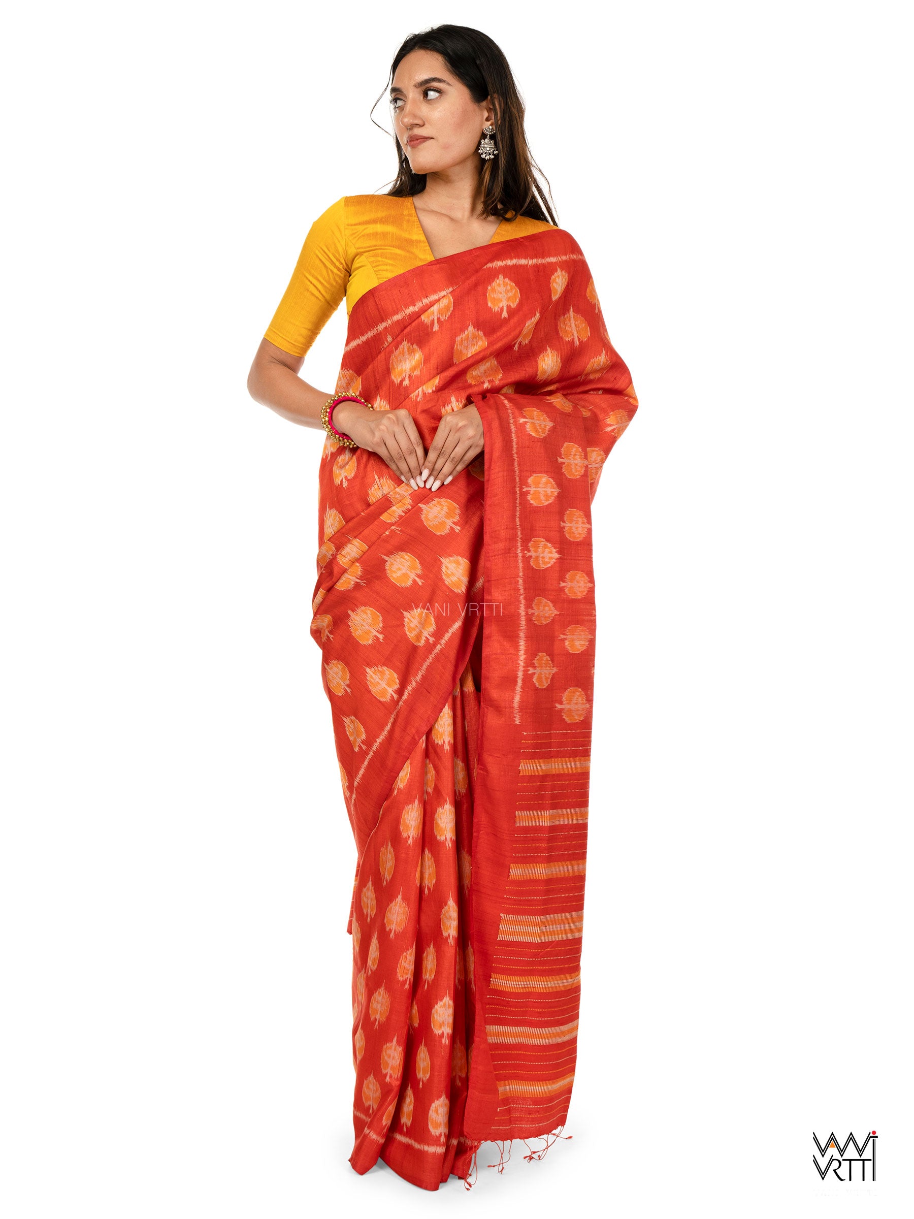 Red Peepal Ikat Handspun Tussar Silk Saree