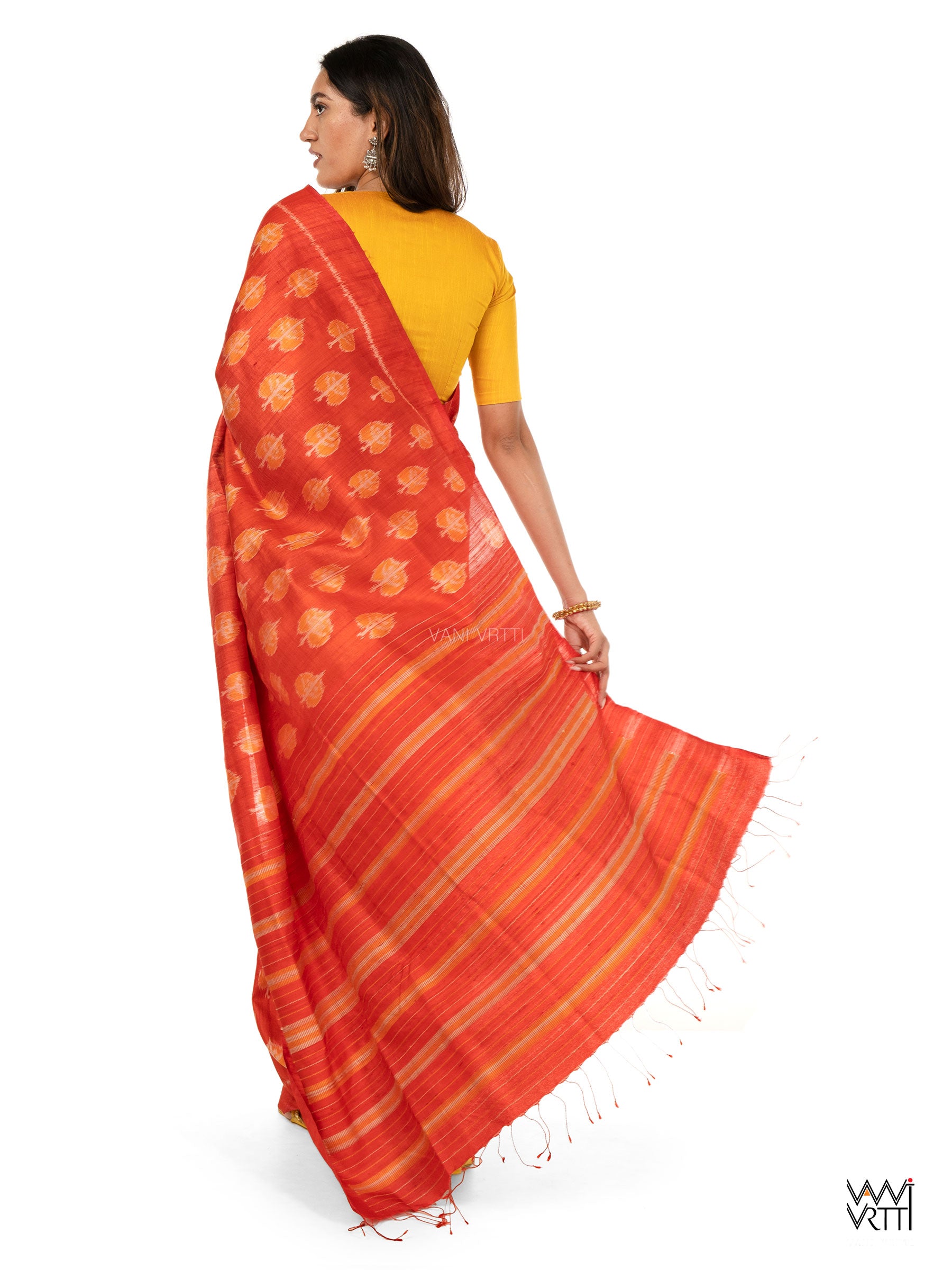 Red Peepal Ikat Handspun Tussar Silk Saree