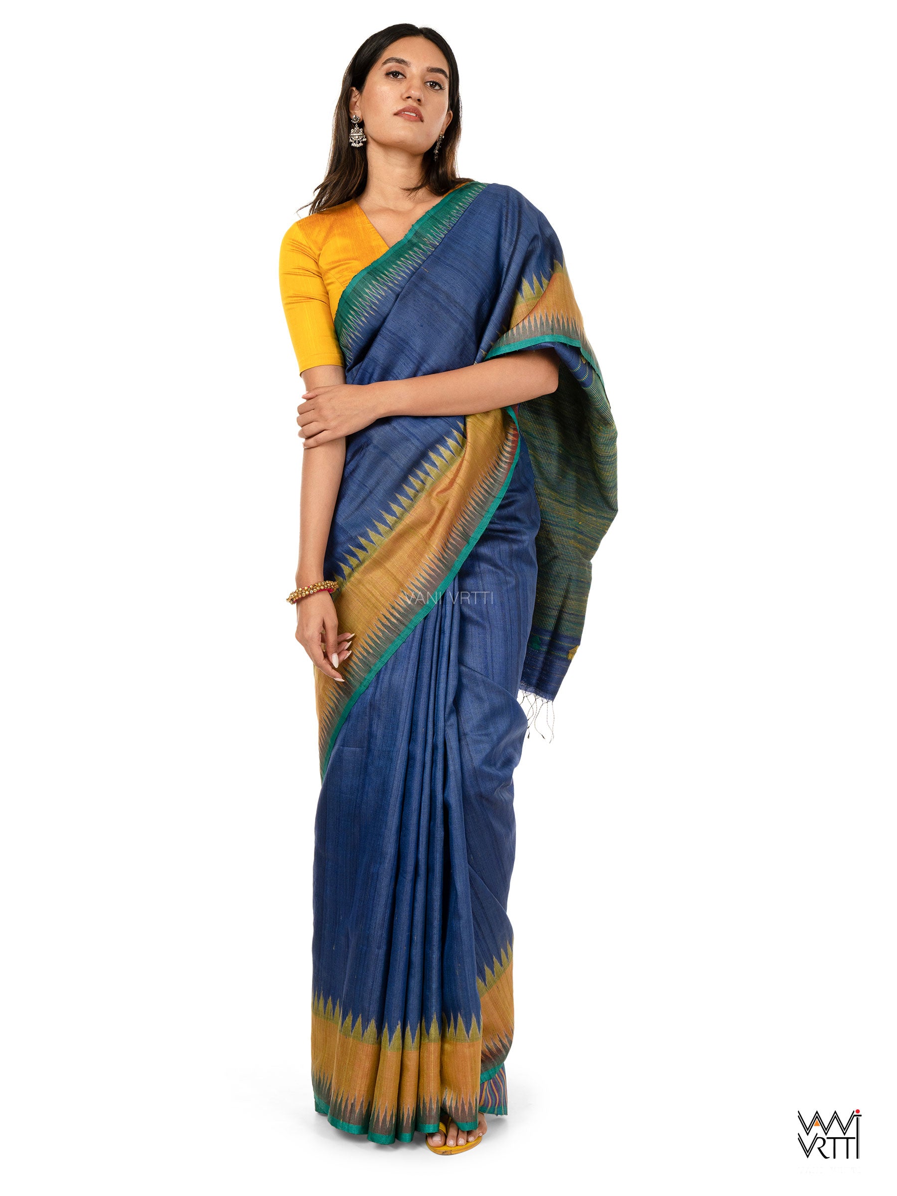 Midnight Blue Sangam Bristi Handspun Tussar Silk Saree