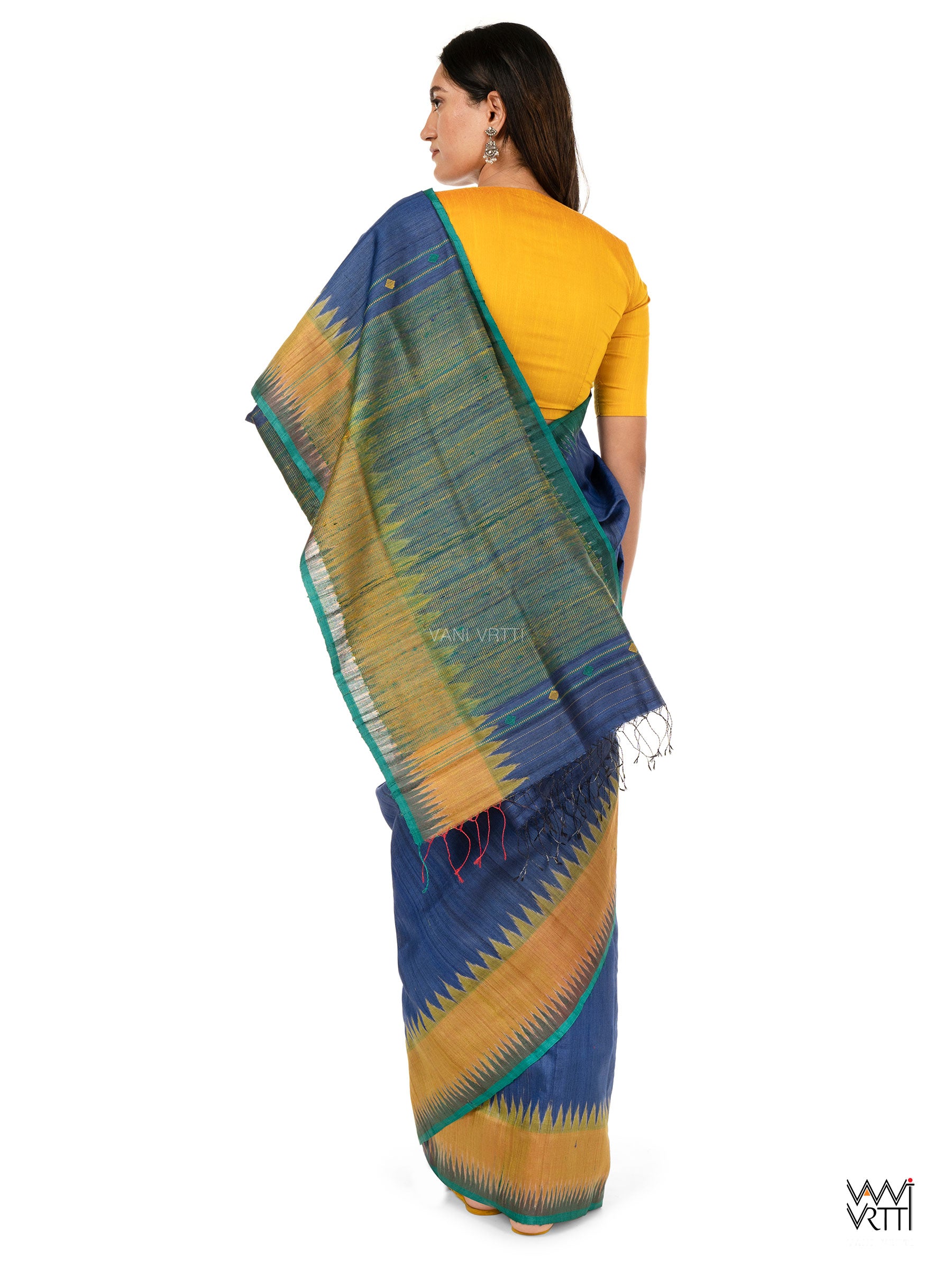 Midnight Blue Sangam Bristi Handspun Tussar Silk Saree