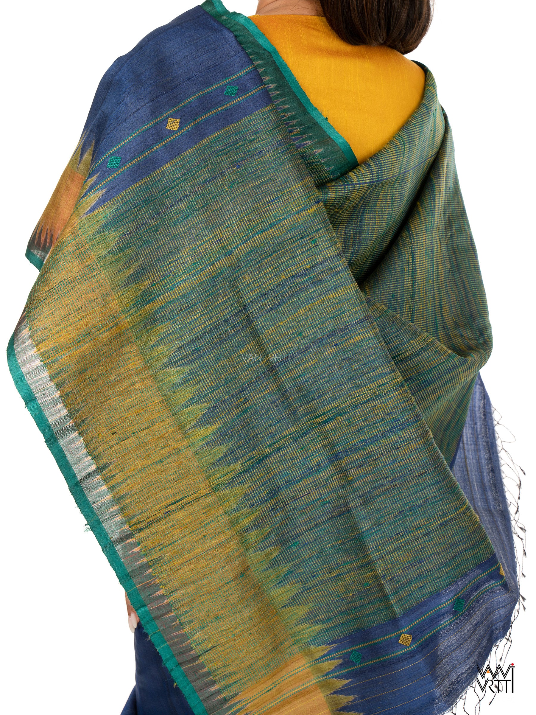 Midnight Blue Sangam Bristi Handspun Tussar Silk Saree